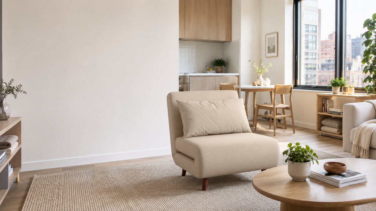 A modern beige sleeper chair with a matching cushion in a bright, minimalist living room with a wooden coffee table, woven rug, and large windows.