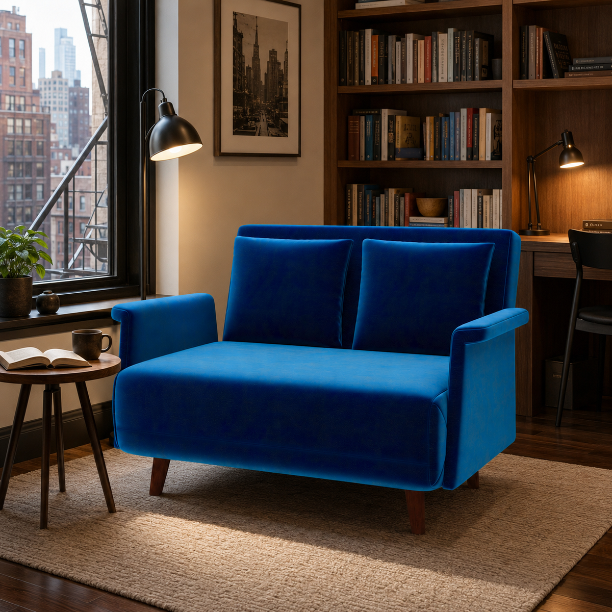 Blue velvet convertible loveseat in a bright New York apartment reading nook with bookshelves and a city view