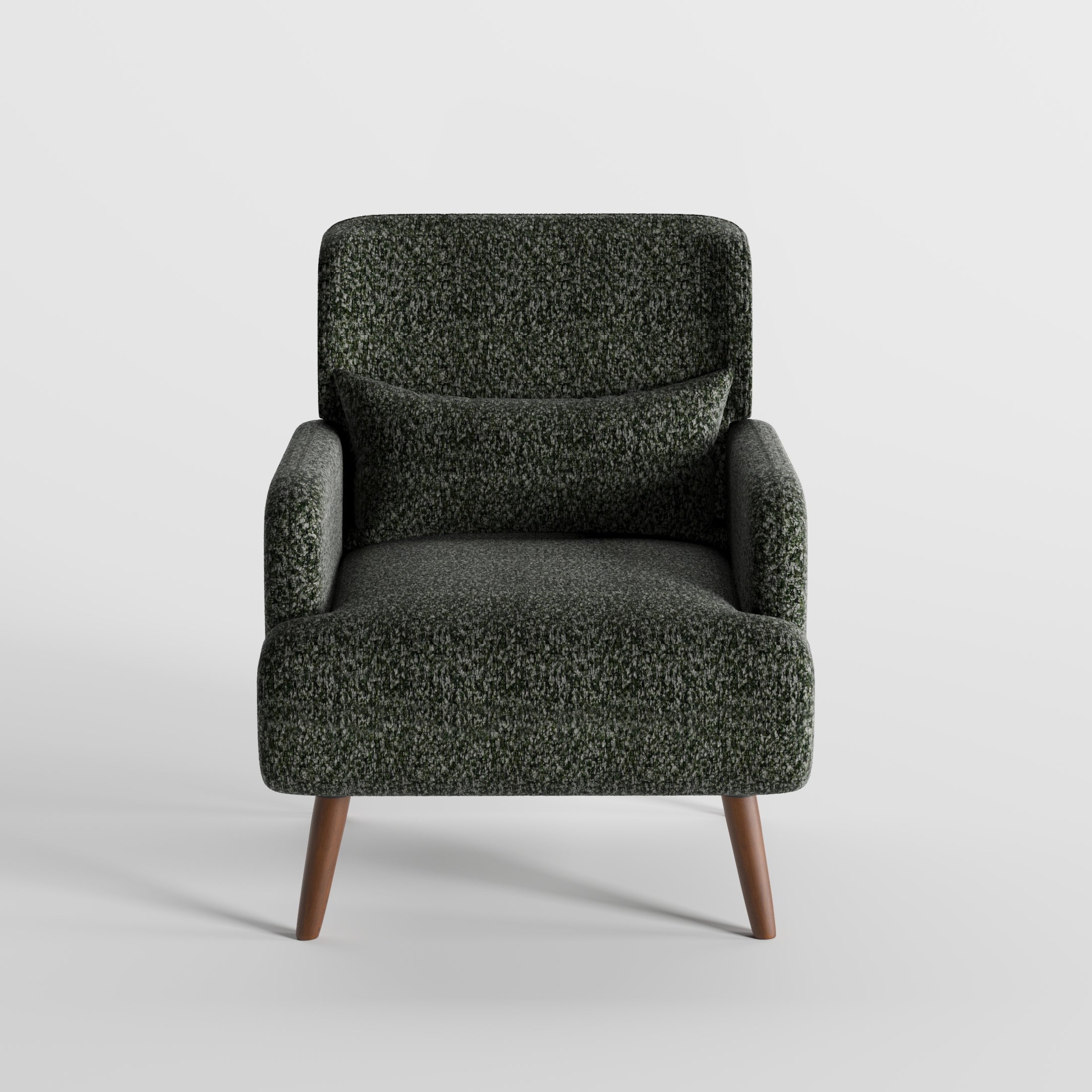 Arlo Accent Armchair in Evergreen Tweed Color shown from the front, featuring rounded upholstered arms, a matching lumbar pillow, and solid wood legs for modern living room seating