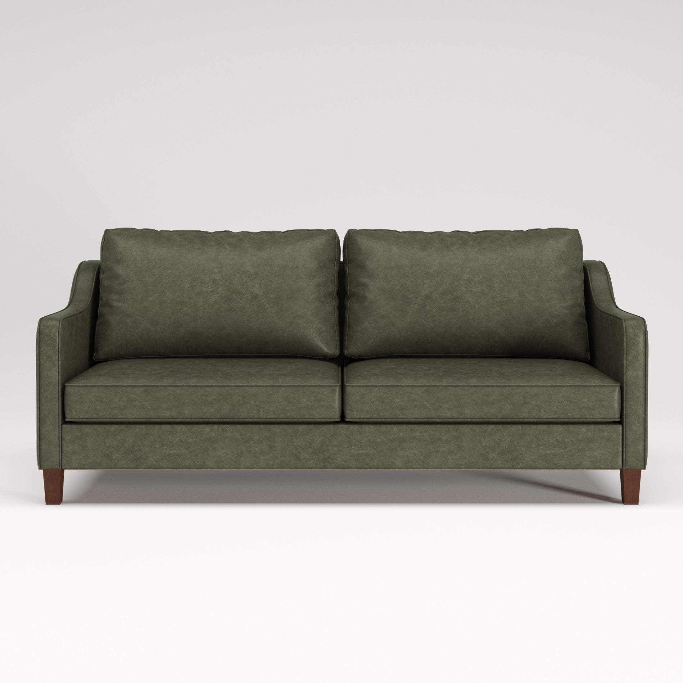 A 3-seater sofa upholstered in textured olive green faux leather, featuring dark brown wooden legs, shown against a plain light gray background.
