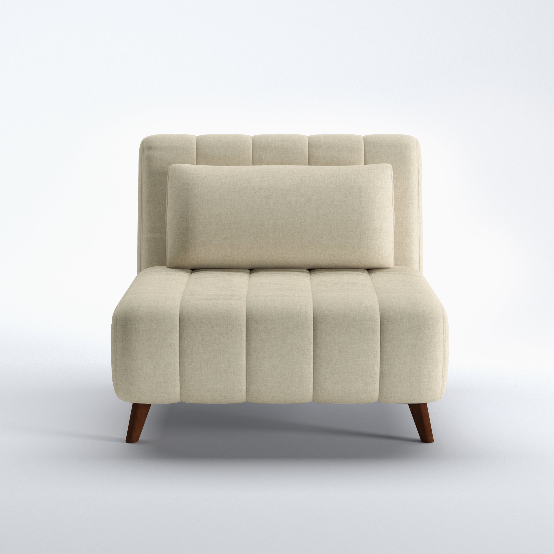 Beige upholstered convertible chair bed with matching pillow and wooden legs