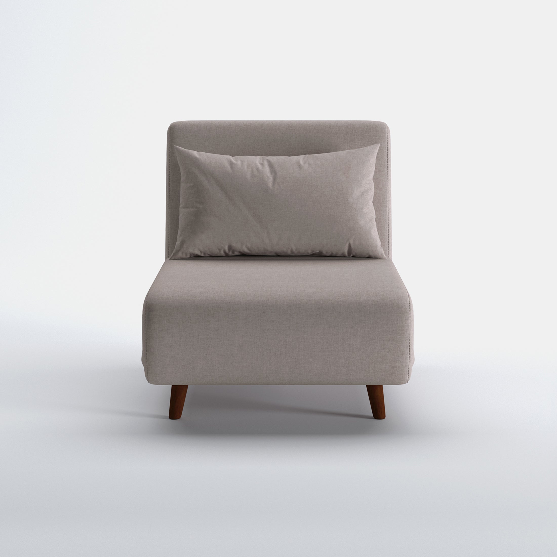 Tustin Convertible Chair in Beige shown from the front with a matching lumbar pillow, wide armless seat, upholstered backrest, and tapered dark brown wood legs.