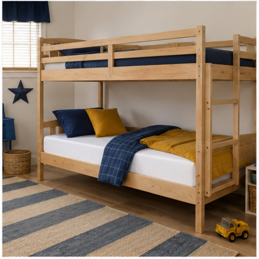 A light natural wood bunk bed frame with bedding in navy blue and mustard yellow, styled in a child's bedroom with a striped rug, toy truck, and star wall decor.