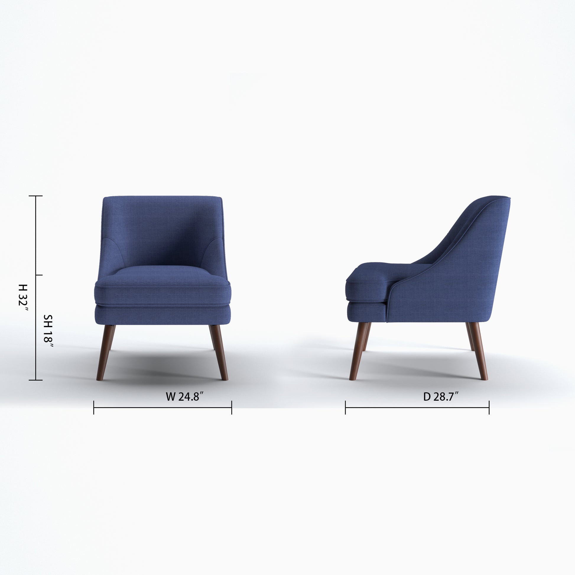 Dana Accent Chair in Faux Linen Blue shown in front and side views with 24.8-inch width, 28.7-inch depth, 32-inch height, and 18-inch seat height