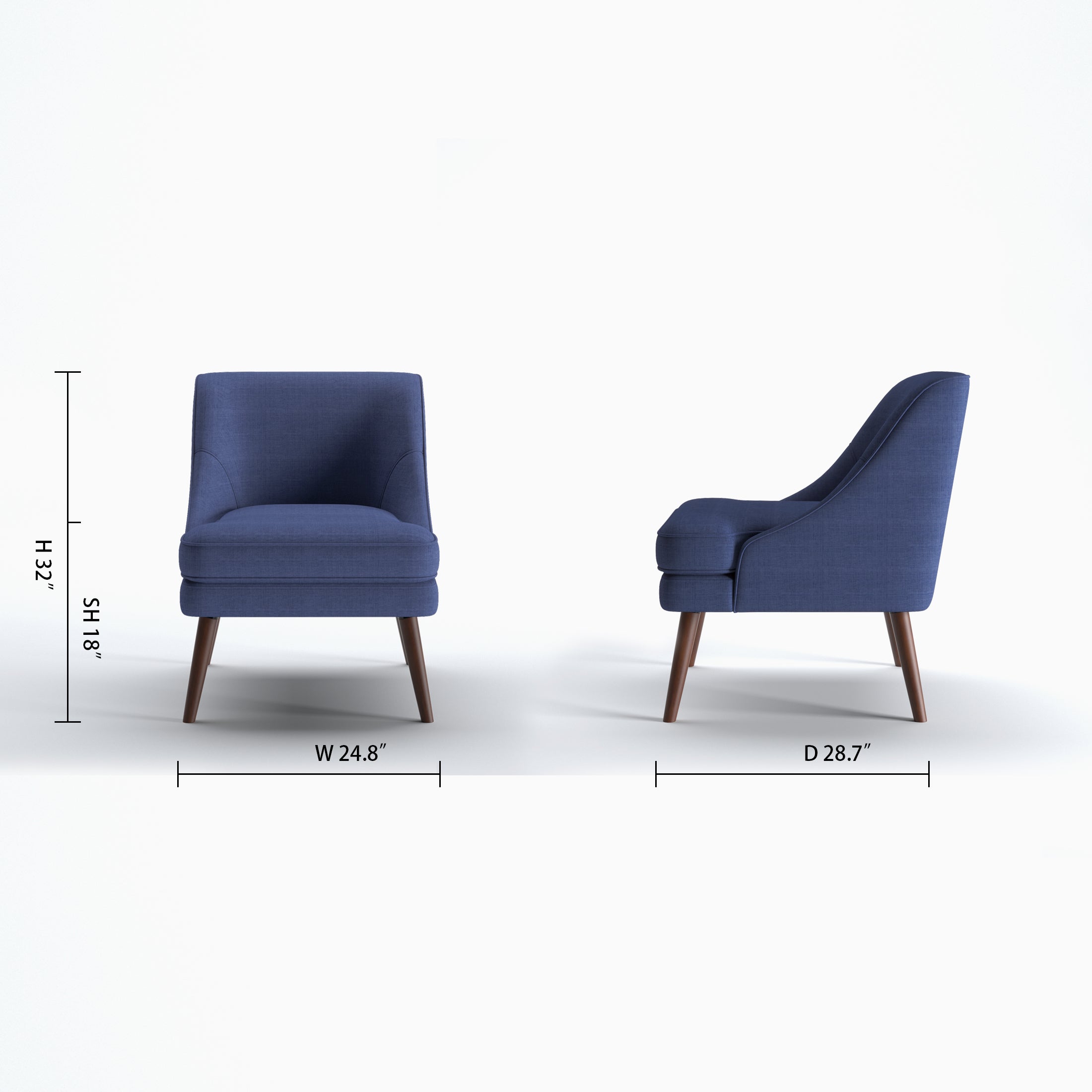 Dana Accent Chair in Faux Linen Blue shown in front and side views with 24.8-inch width, 28.7-inch depth, 32-inch height, and 18-inch seat height