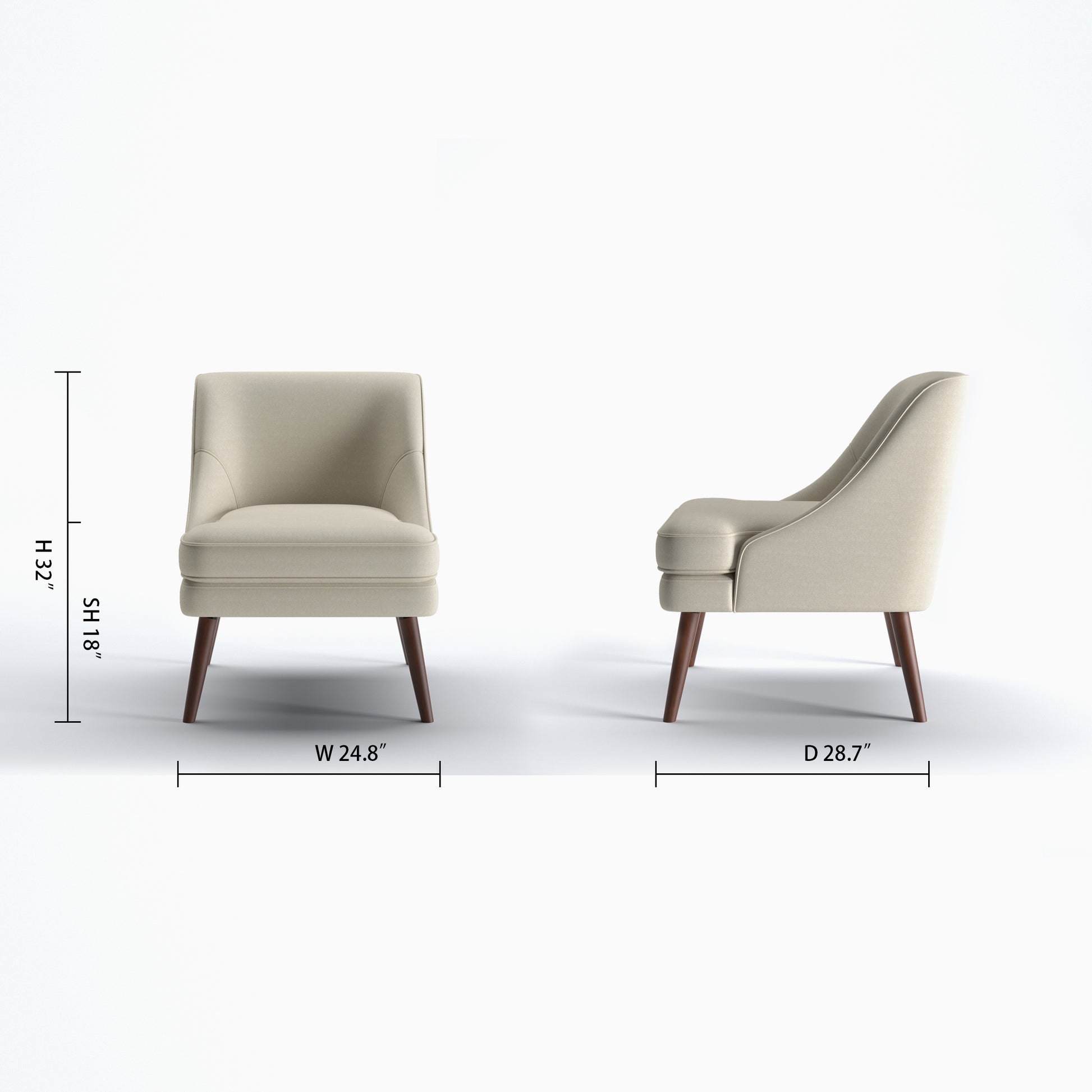 Dana Accent Chair in Faux Linen Beige shown in front and side views with 24.8-inch width, 28.7-inch depth, 32-inch height, and 18-inch seat height.
