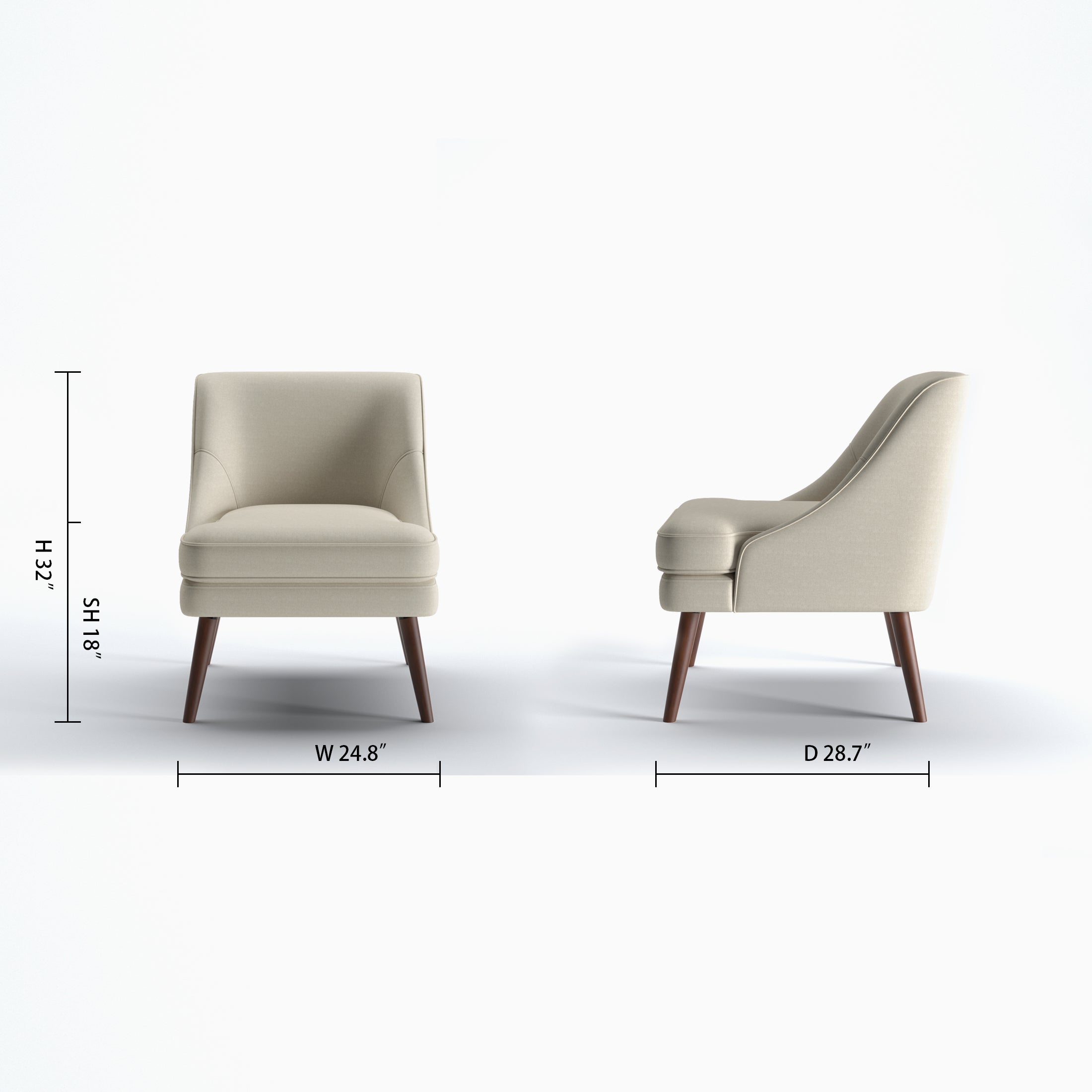 Dana Accent Chair in Faux Linen Beige shown in front and side views with 24.8-inch width, 28.7-inch depth, 32-inch height, and 18-inch seat height.