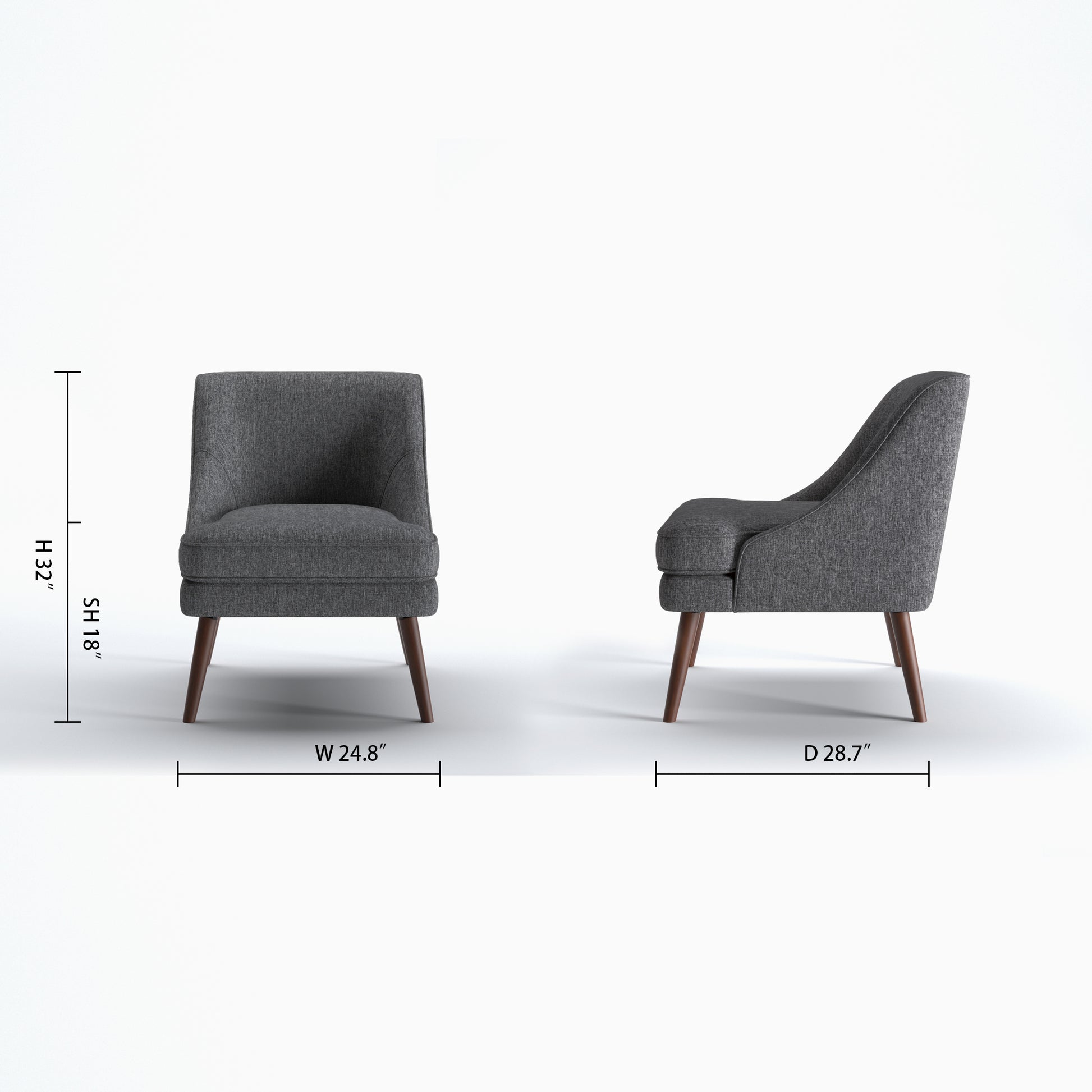 Dana Accent Chair in Faux Linen Dark Gray shown in front and side views with 24.8-inch width, 28.7-inch depth, 32-inch height, and 18-inch seat height