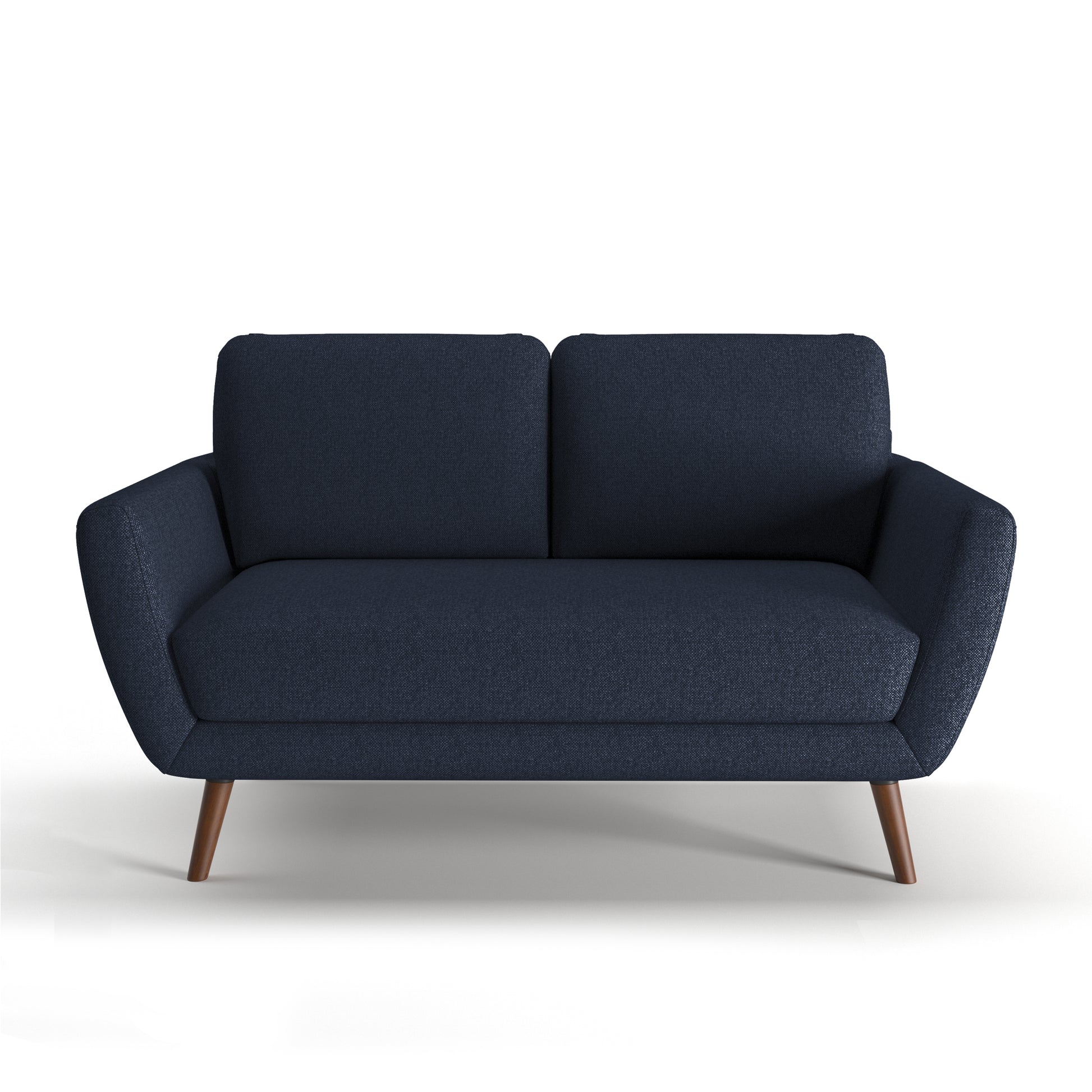 Oakland Loveseat in Navy Blue shown from the front with two rounded back cushions, angled upholstered arms, a wide seat cushion, and tapered brown legs