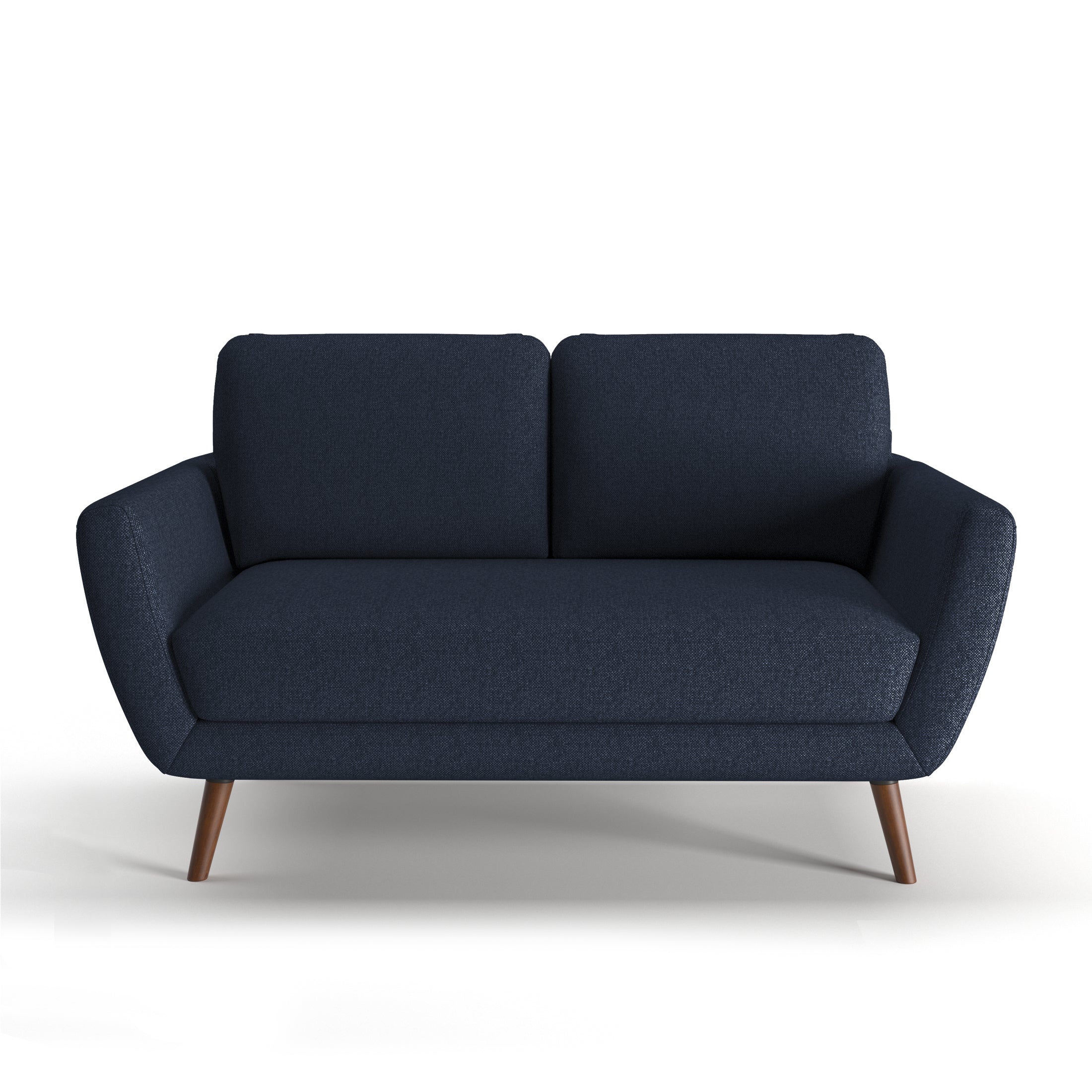 Oakland Loveseat in Navy Blue shown from the front with two rounded back cushions, angled upholstered arms, a wide seat cushion, and tapered brown legs