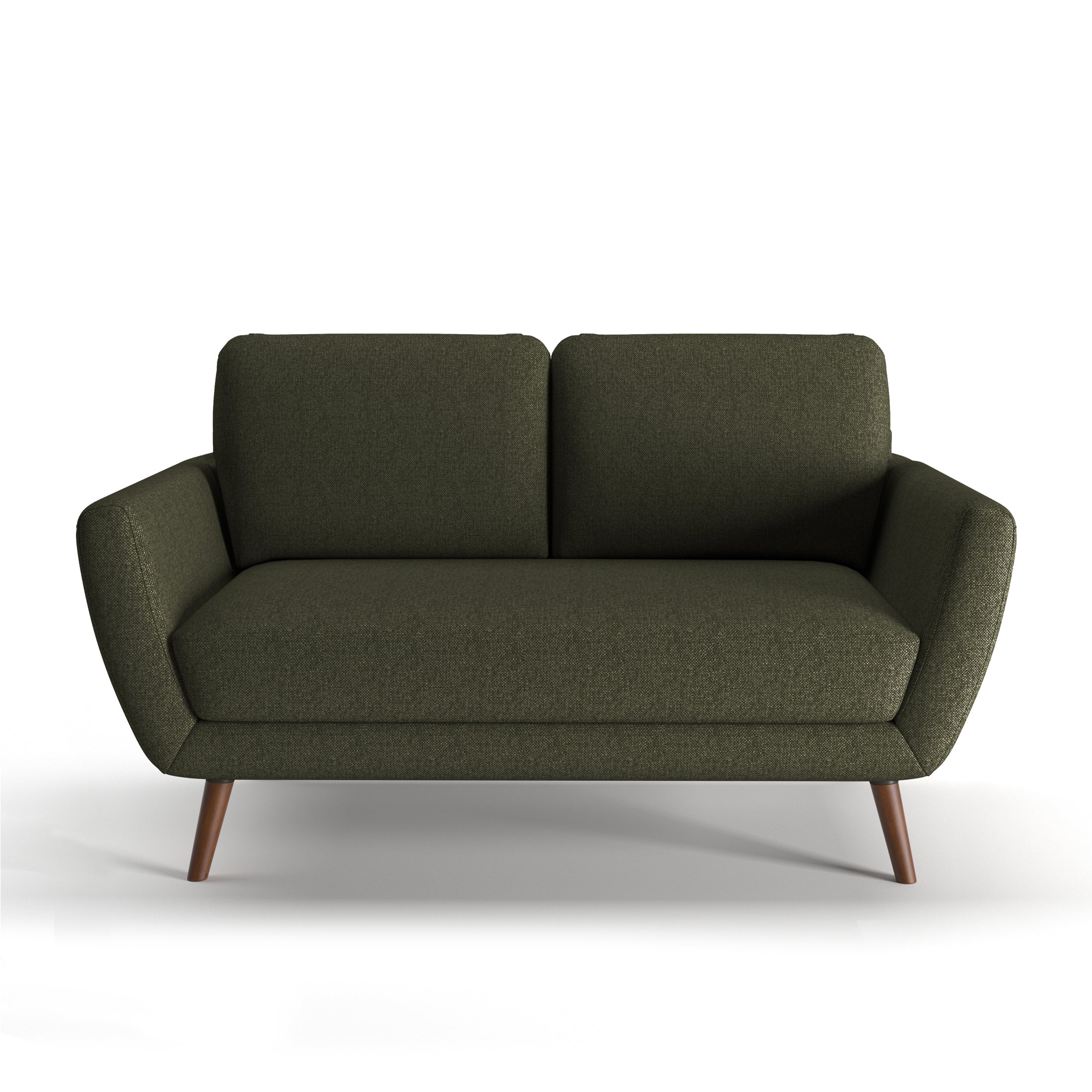Oakland Loveseat in Olive Green shown from the front with two rounded back cushions, angled upholstered arms, a wide seat cushion, and tapered brown legs