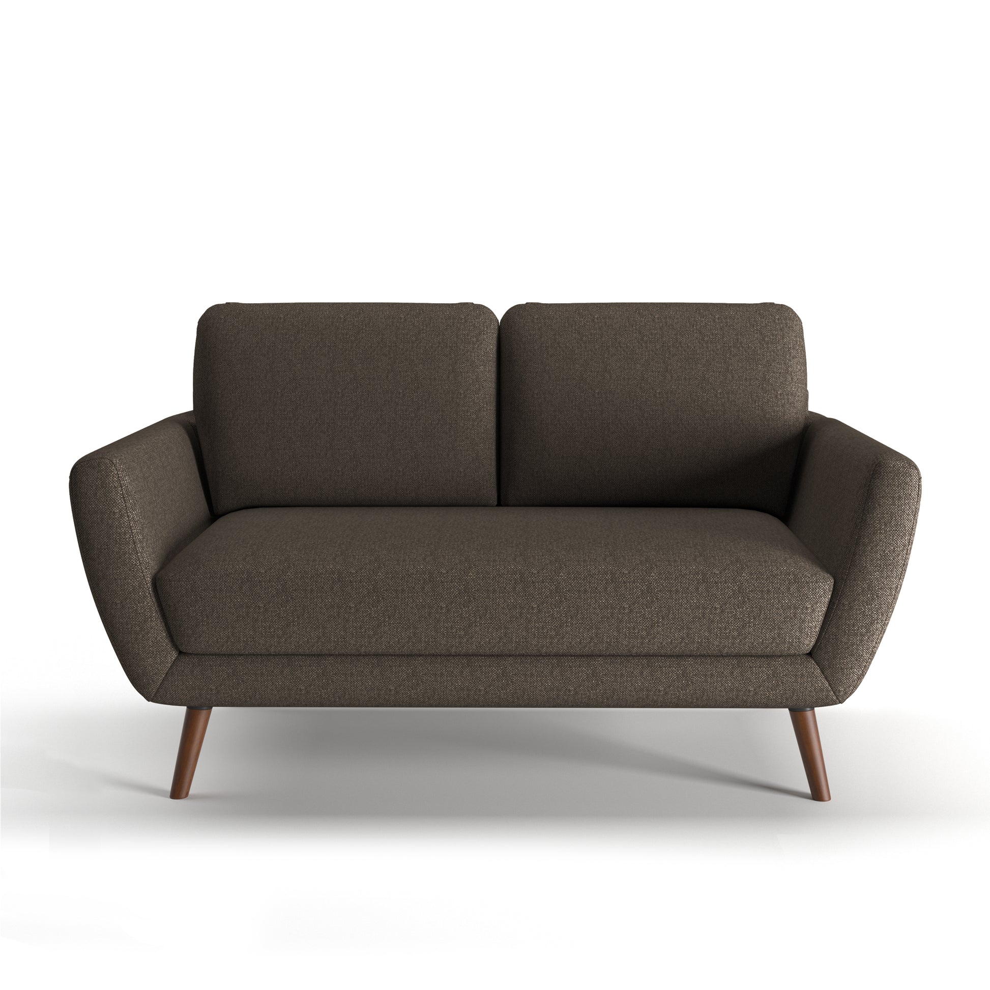 Oakland Loveseat in Driftwood Brown shown from the front with two rounded back cushions, angled upholstered arms, a wide seat cushion, and tapered brown legs