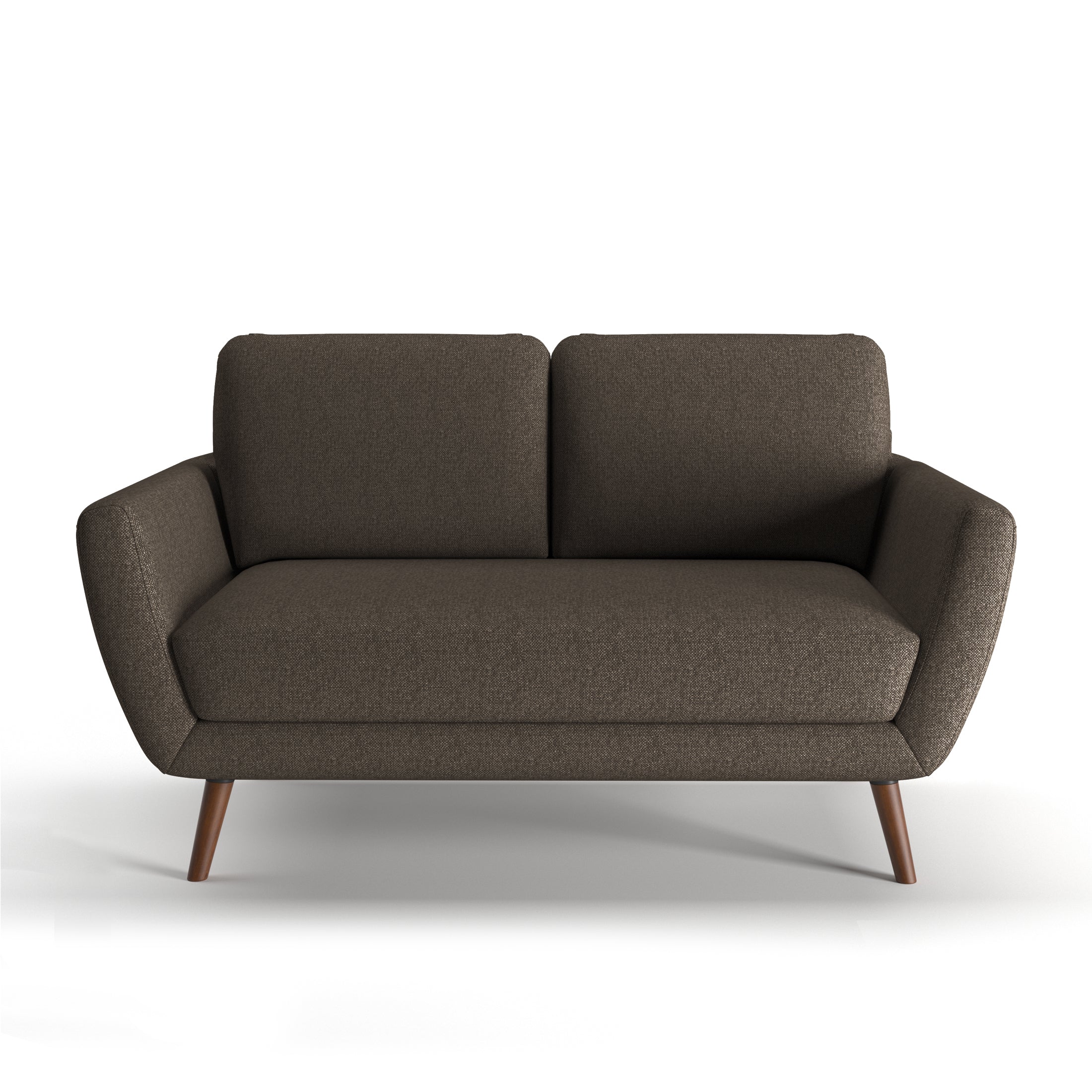 Oakland Loveseat in Driftwood Brown shown from the front with two rounded back cushions, angled upholstered arms, a wide seat cushion, and tapered brown legs