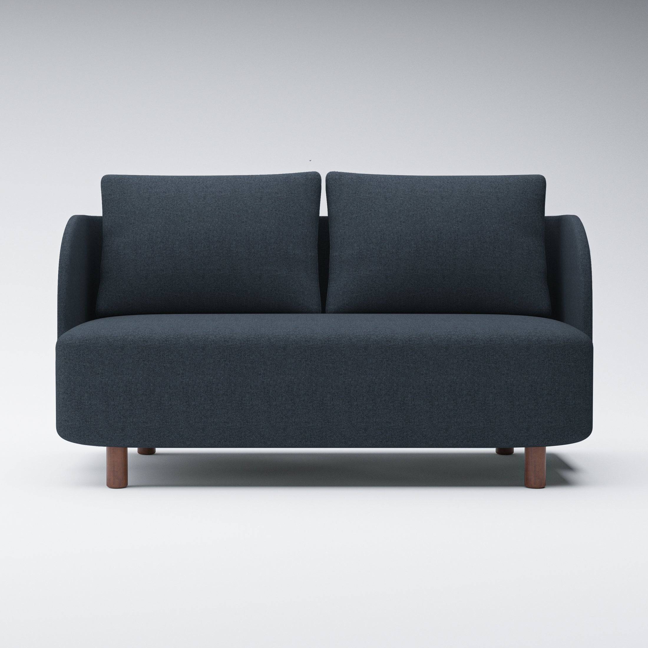 Nora Loveseat in Navy Blue shown from the front with two loose back cushions, curved side arms, a wide bench seat, and short brown cylindrical legs.