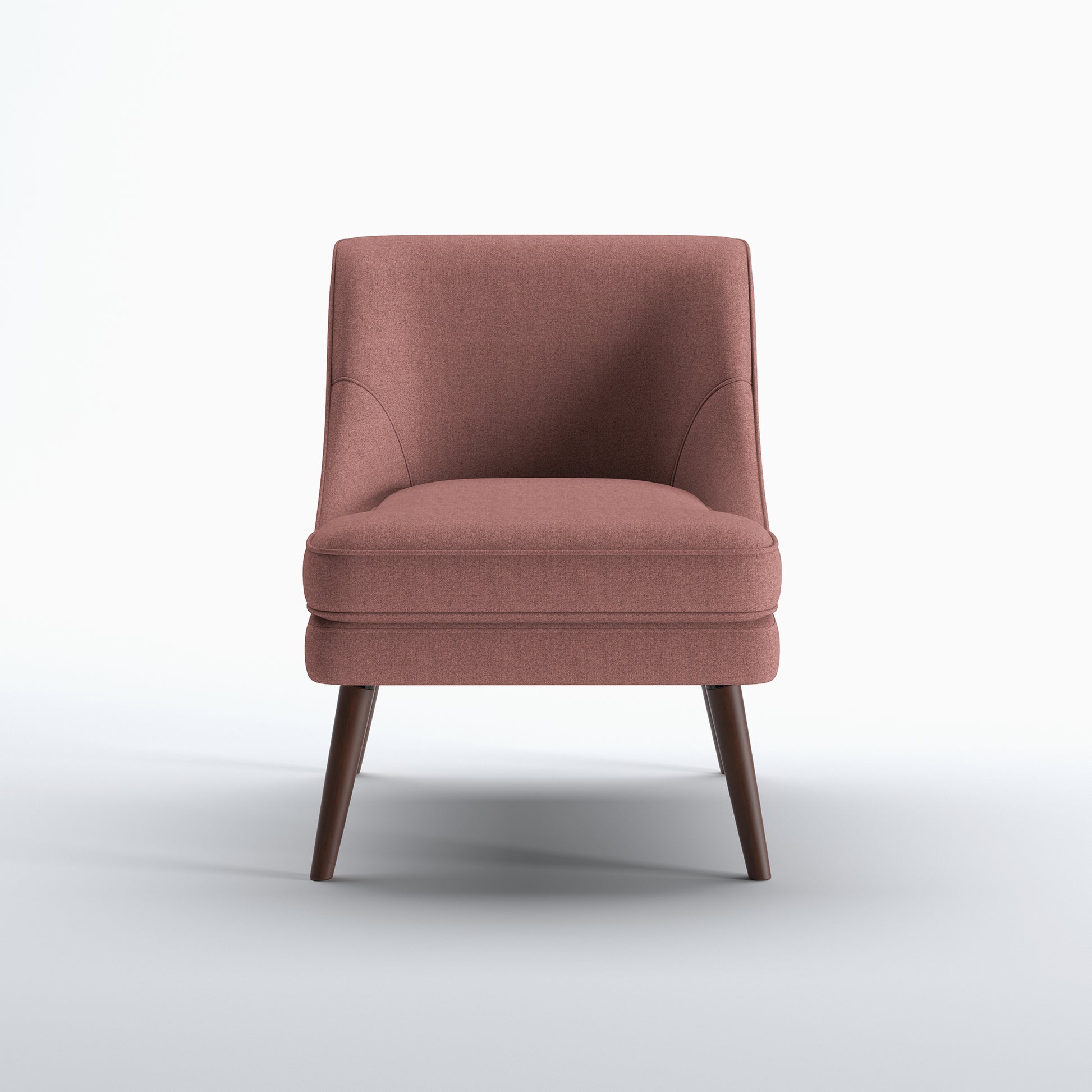 Dana Accent Chair in Faux Linen Dusty Rose shown from the front with a curved upholstered back, integrated arms, piped seat cushion, and tapered brown legs