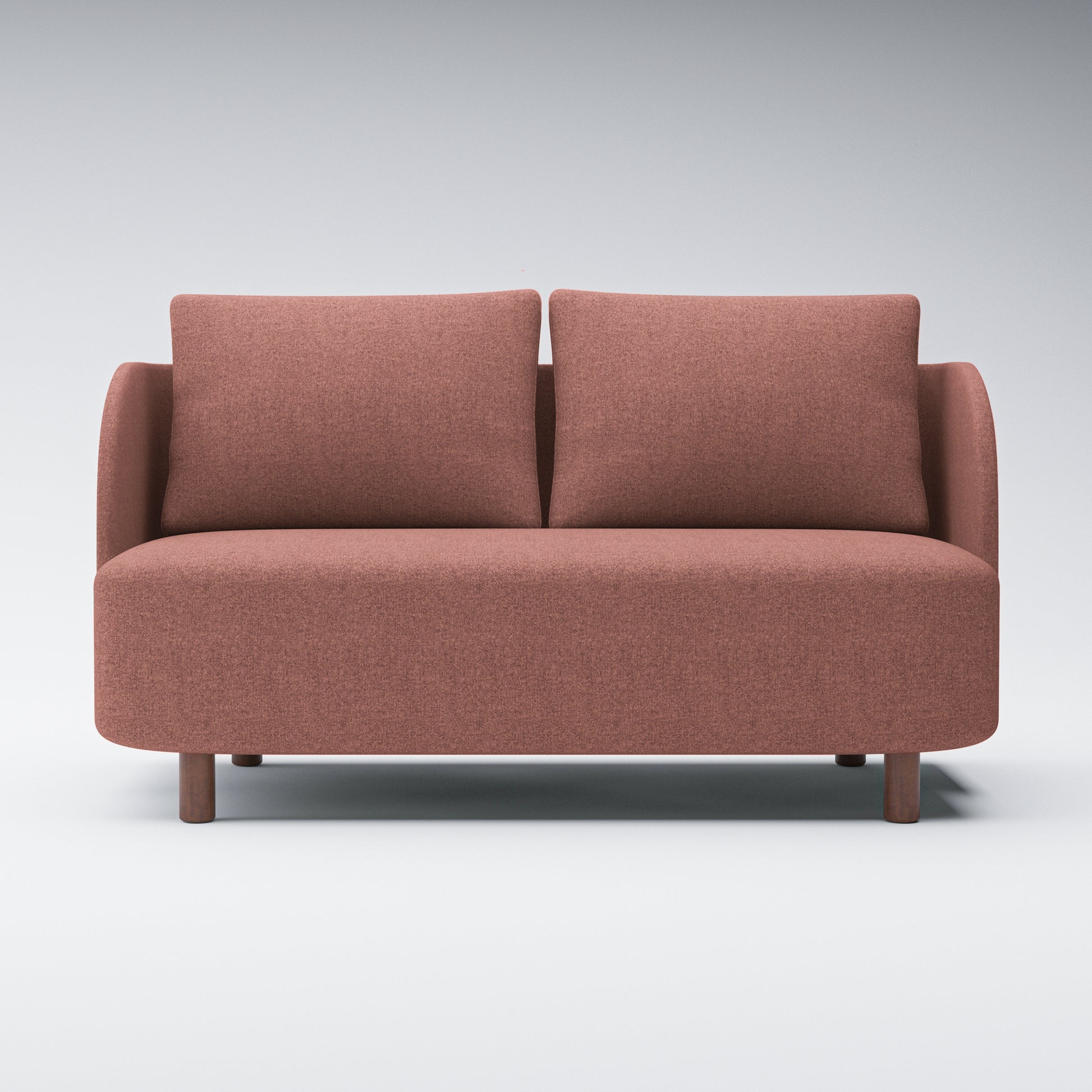 Nora Loveseat in Dusty Rose shown from the front with two separate back cushions, curved upholstered arms, a wide bench seat, and short brown legs.