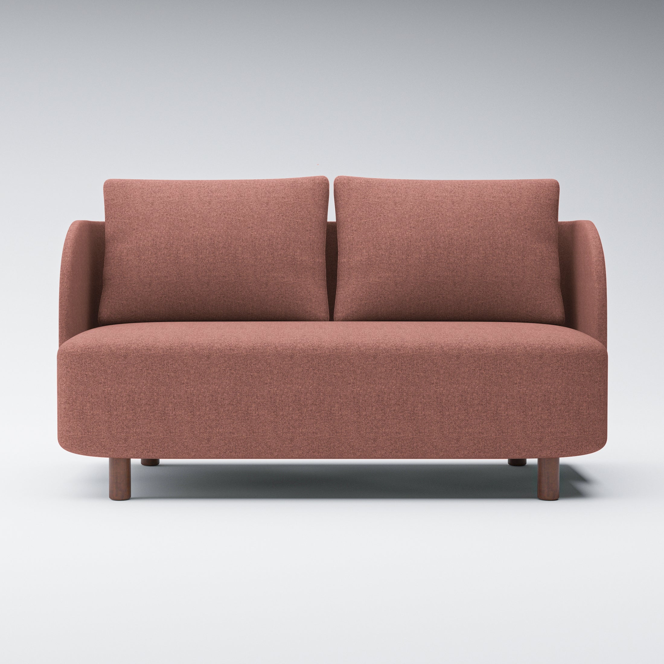 Nora Loveseat in Dusty Rose shown from the front with two separate back cushions, curved upholstered arms, a wide bench seat, and short brown legs.