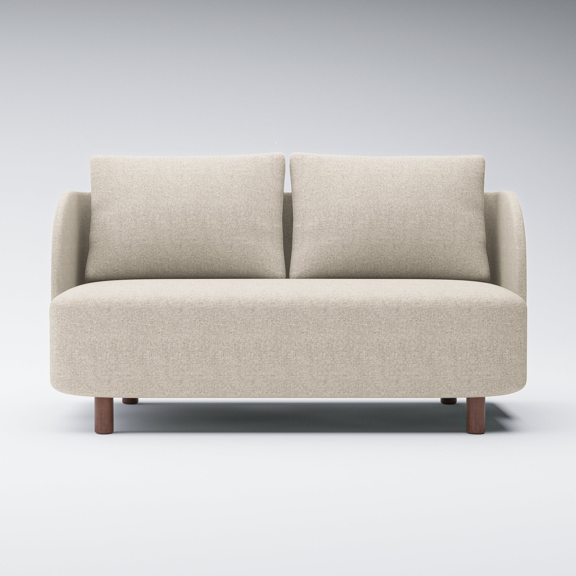 Nora Loveseat in Sandstone Beige shown from the front with two loose back cushions, curved side arms, a spacious bench seat, and short brown legs