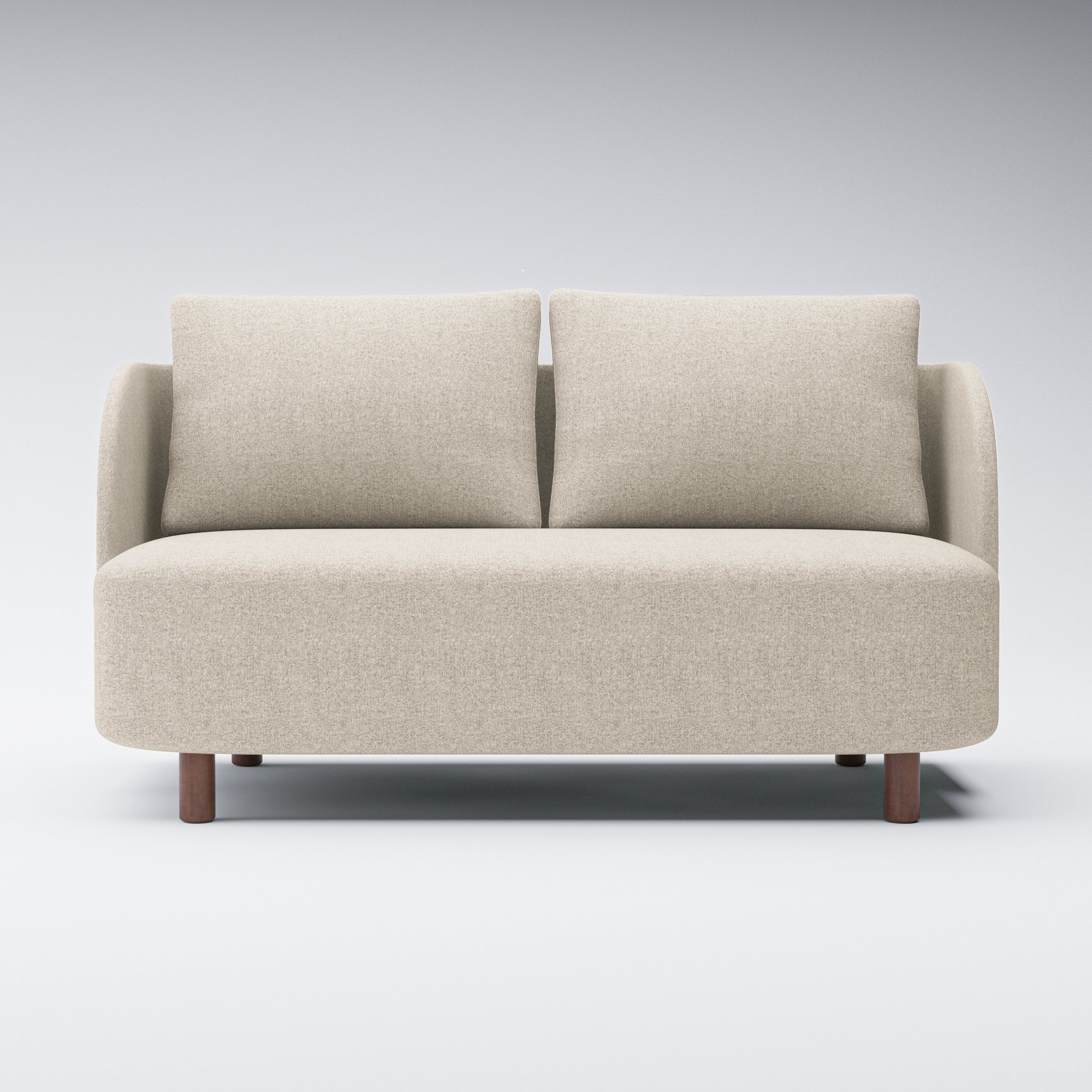 Nora Loveseat in Sandstone Beige shown from the front with two loose back cushions, curved side arms, a spacious bench seat, and short brown legs