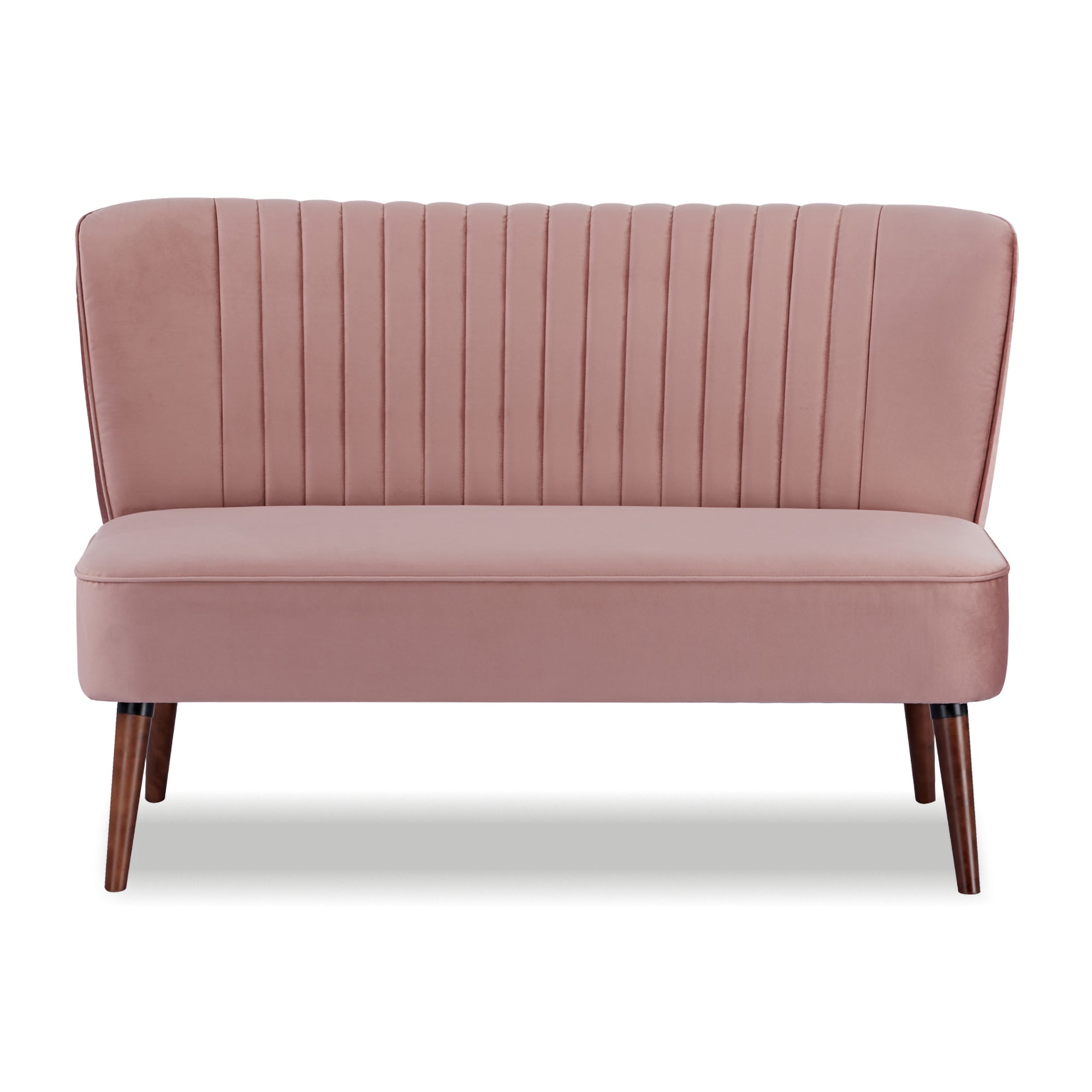 Hollywood Loveseat in Velvet Blush shown from the front with a channel-tufted backrest, long cushioned seat, armless silhouette, and tapered brown legs