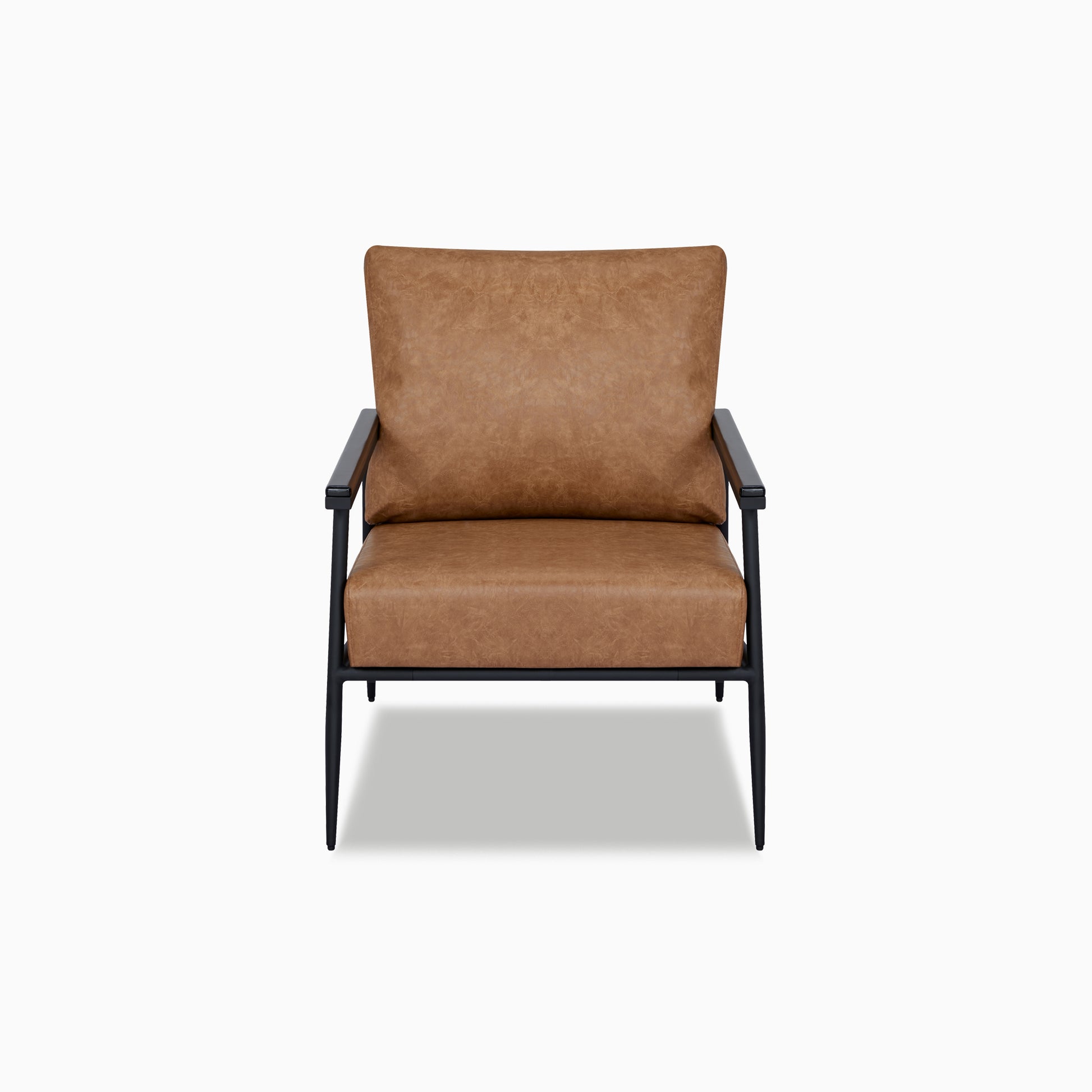 Parker Accent Chair in Faux Leather Light Brown shown from the front with a wide back cushion, thick seat, mottled upholstery, dark armrests, and slim black frame