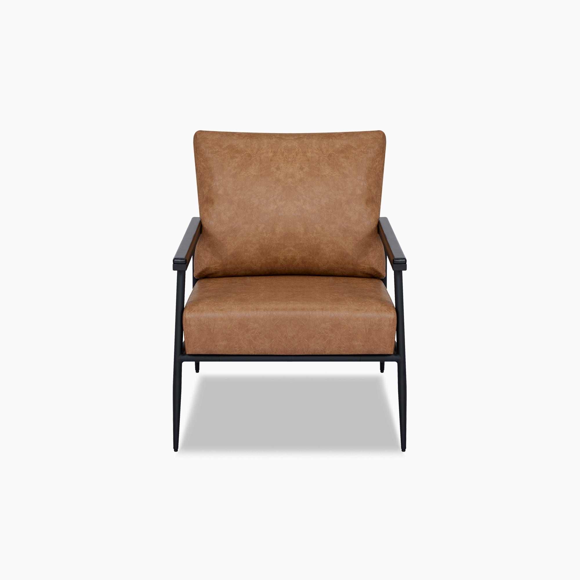 Parker Accent Chair in Faux Leather Light Brown shown from the front with a wide back cushion, thick seat, mottled upholstery, dark armrests, and slim black frame