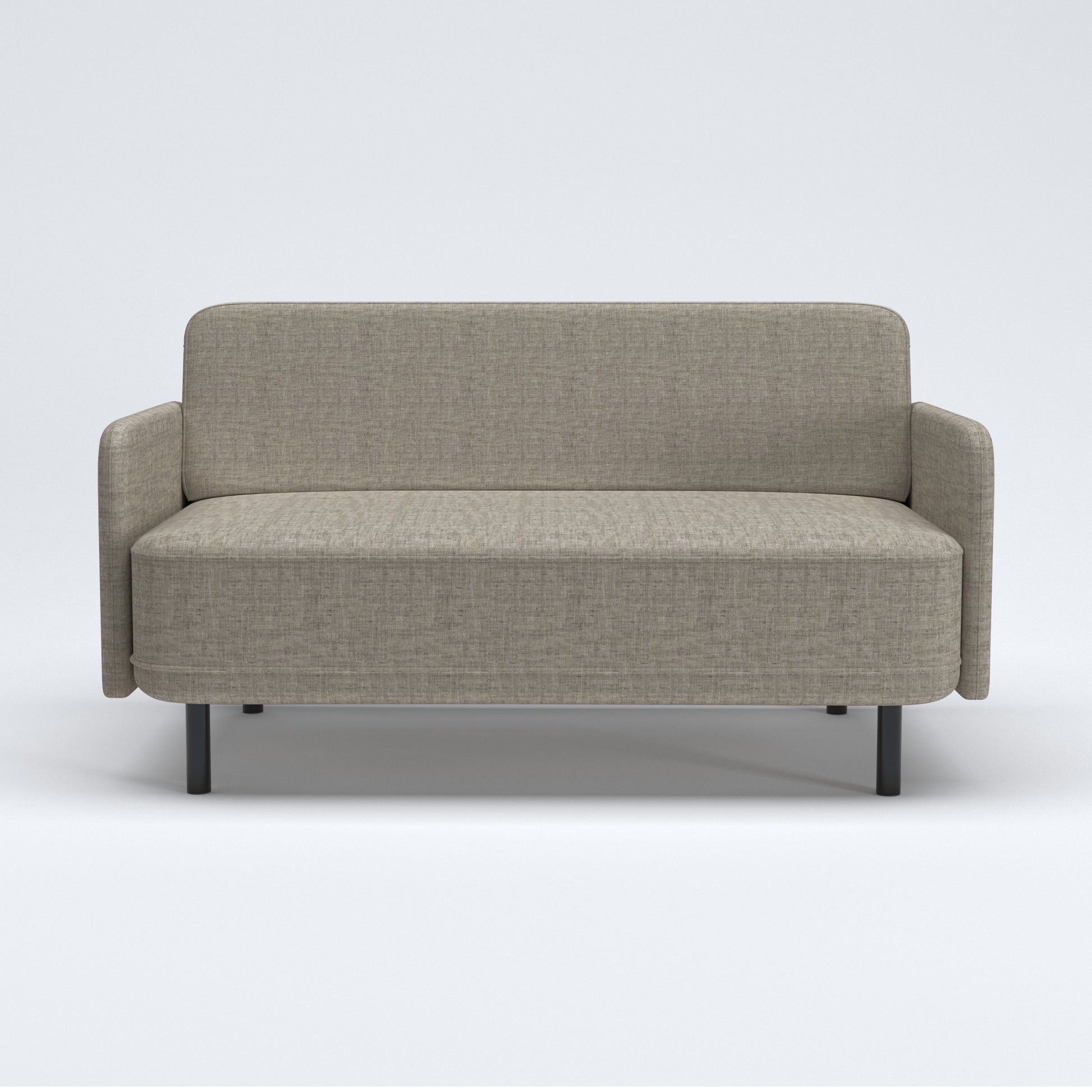 Metro Loveseat in Cloud Gray shown from the front with a rounded rectangular backrest, narrow upholstered arms, a wide bench seat, and short black legs.