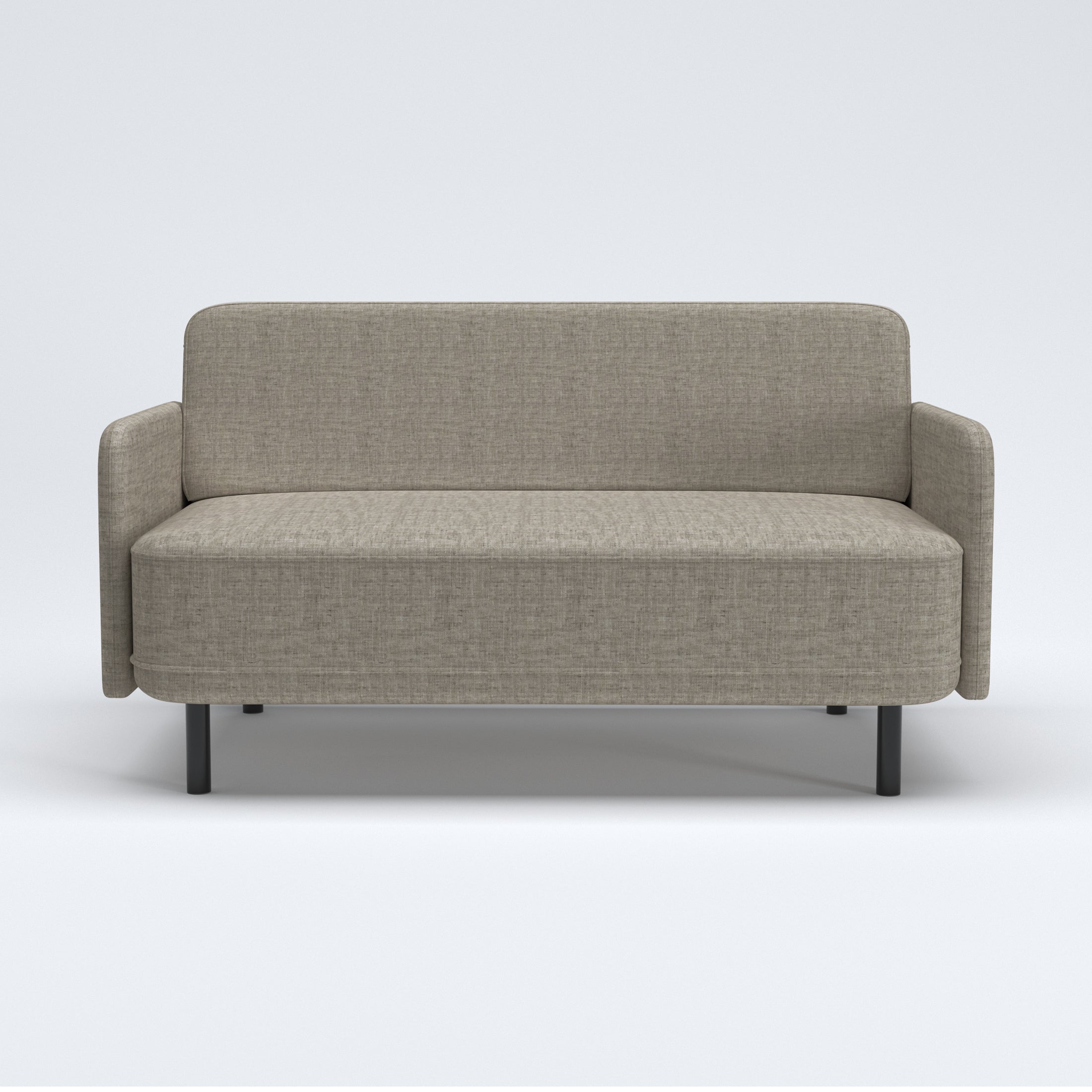 Metro Loveseat in Cloud Gray shown from the front with a rounded rectangular backrest, narrow upholstered arms, a wide bench seat, and short black legs.