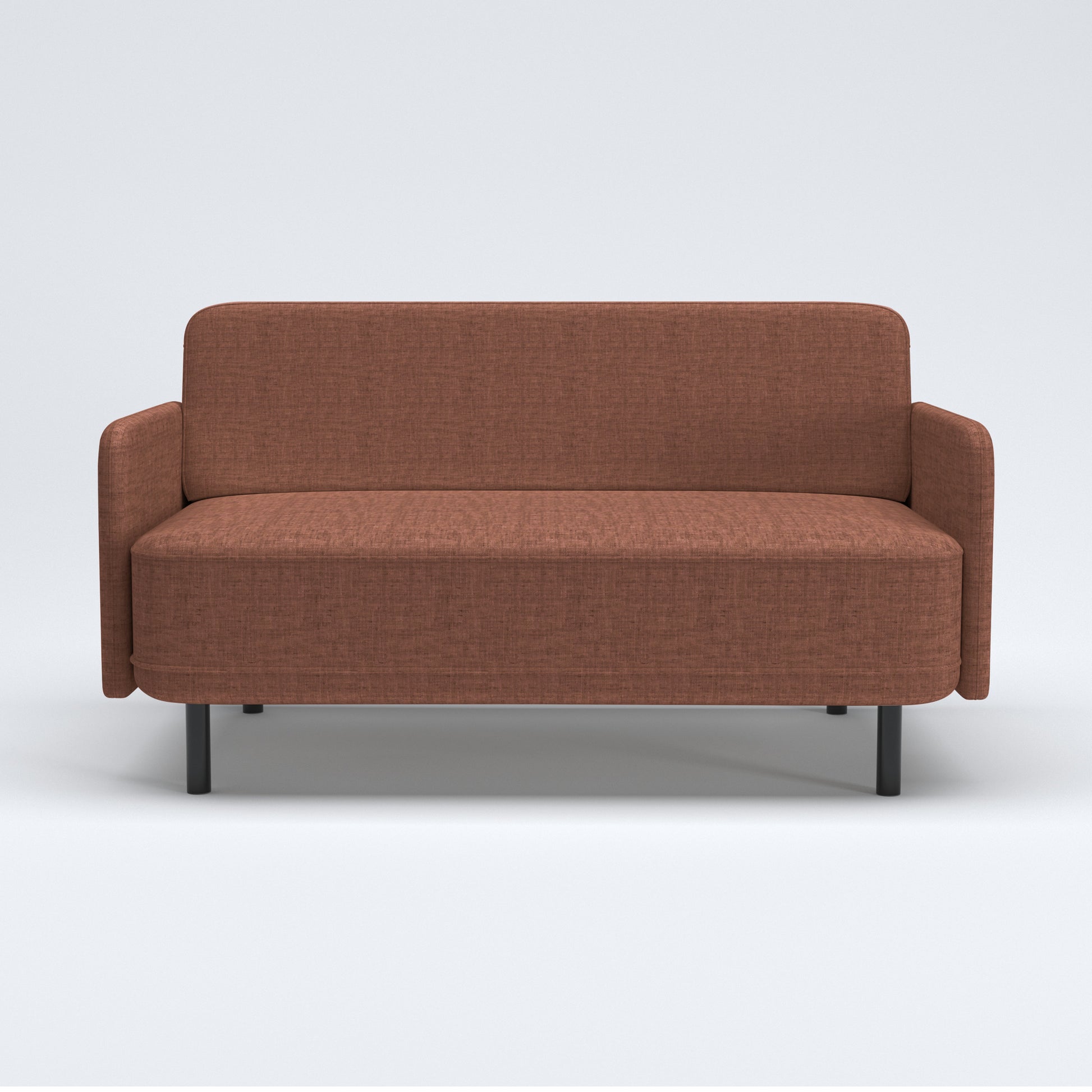 Metro Loveseat in Rosewood Blush shown from the front with a rounded rectangular backrest, narrow upholstered arms, a wide bench seat, and short black legs