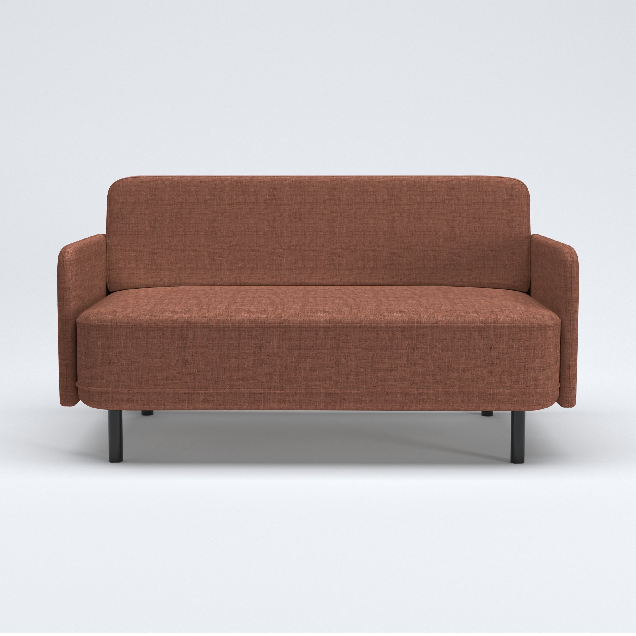 Metro Loveseat in Rosewood Blush shown from the front with a rounded rectangular backrest, narrow upholstered arms, a wide bench seat, and short black legs