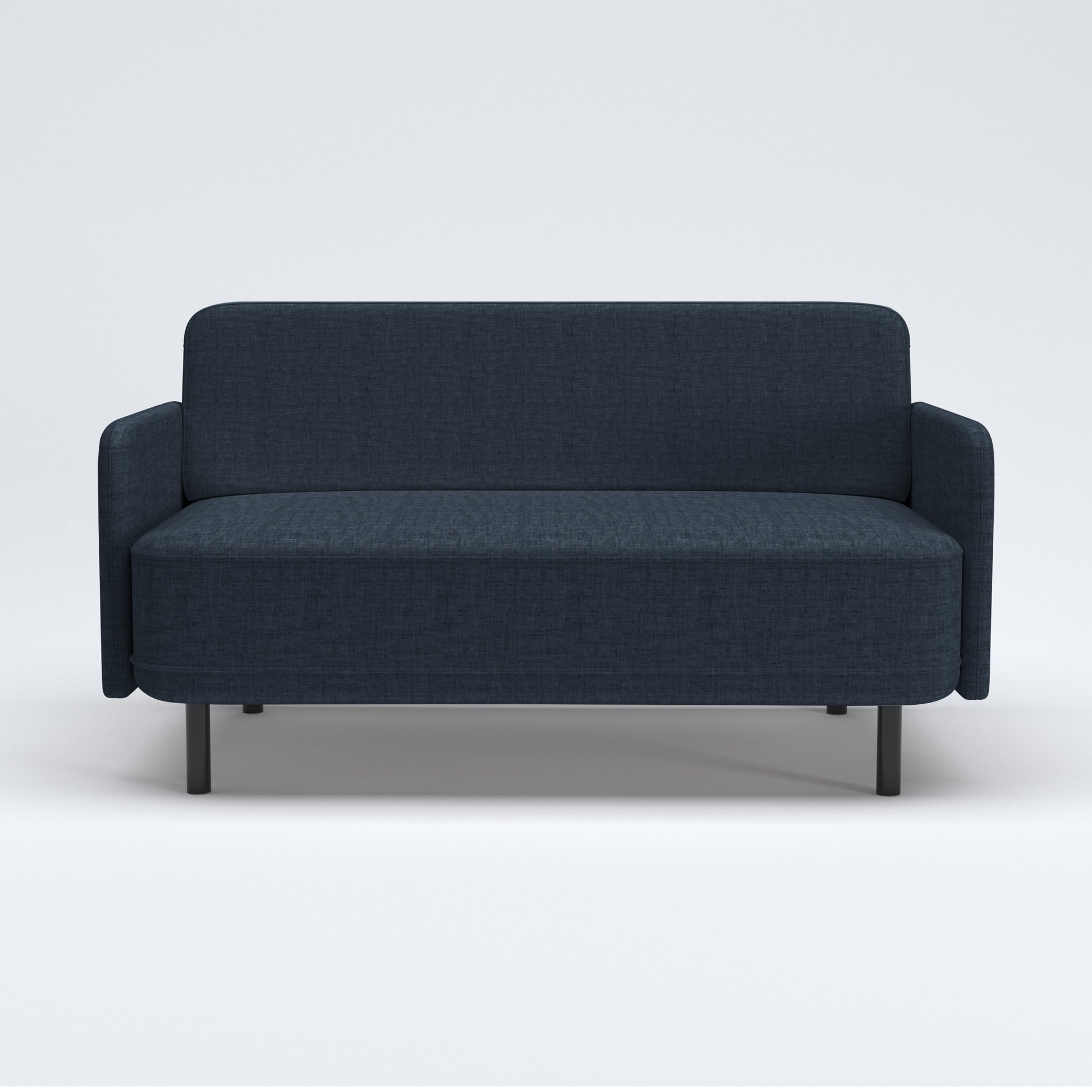 Metro Loveseat in Navy Blue shown from the front, featuring a tall rounded backrest, narrow upholstered arms, a wide bench seat, and black cylindrical legs