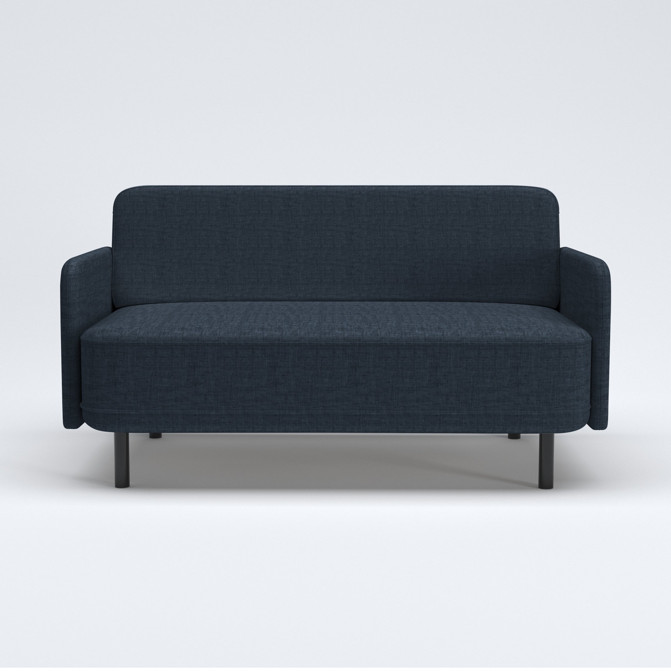 Metro Loveseat in Navy Blue shown from the front, featuring a tall rounded backrest, narrow upholstered arms, a wide bench seat, and black cylindrical legs