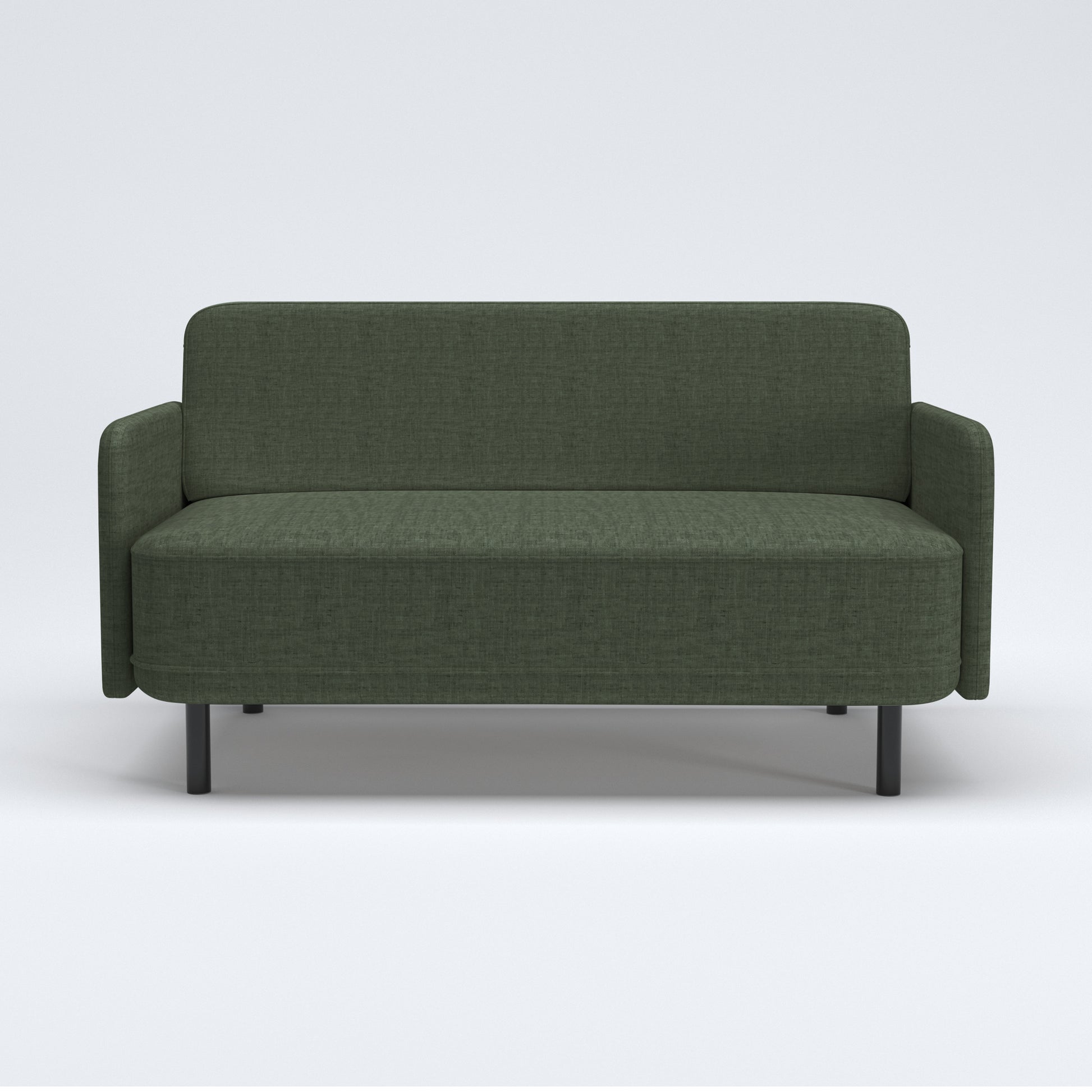 Metro Loveseat in Olive Green shown from the front with a tall rounded backrest, slim upholstered arms, a wide bench cushion, and short black legs.