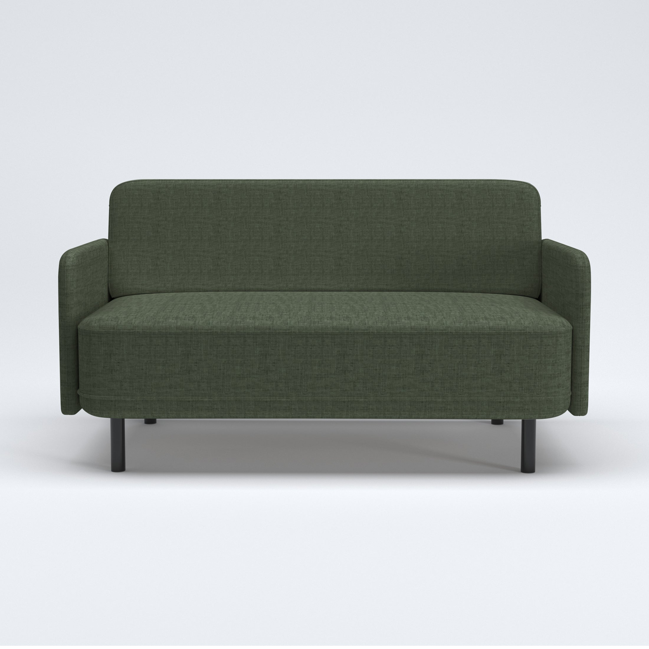 Metro Loveseat in Olive Green shown from the front with a tall rounded backrest, slim upholstered arms, a wide bench cushion, and short black legs.