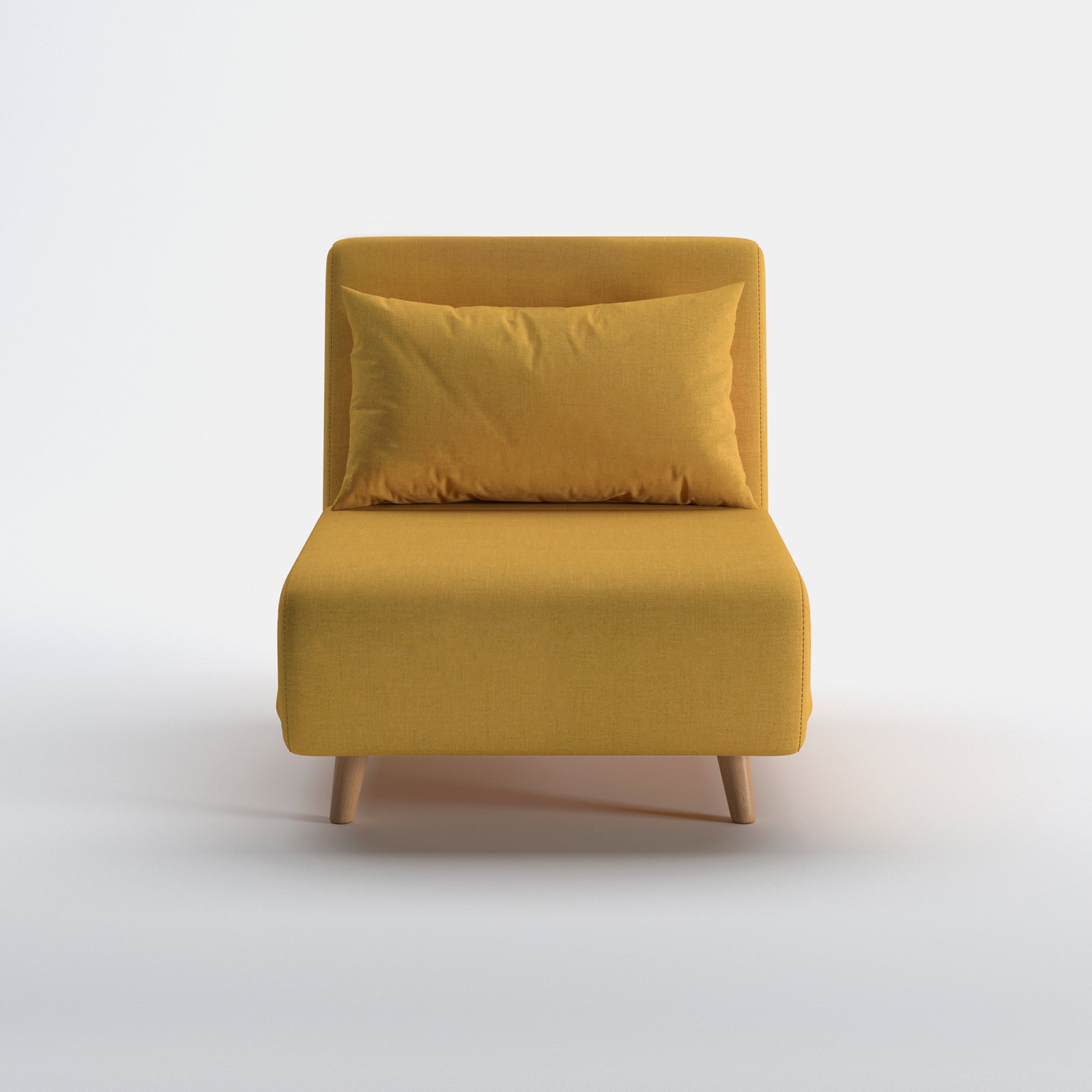 Tustin Convertible Chair in Mustard shown from the front with a matching lumbar pillow, wide armless seat, upholstered backrest, and tapered natural wood legs.