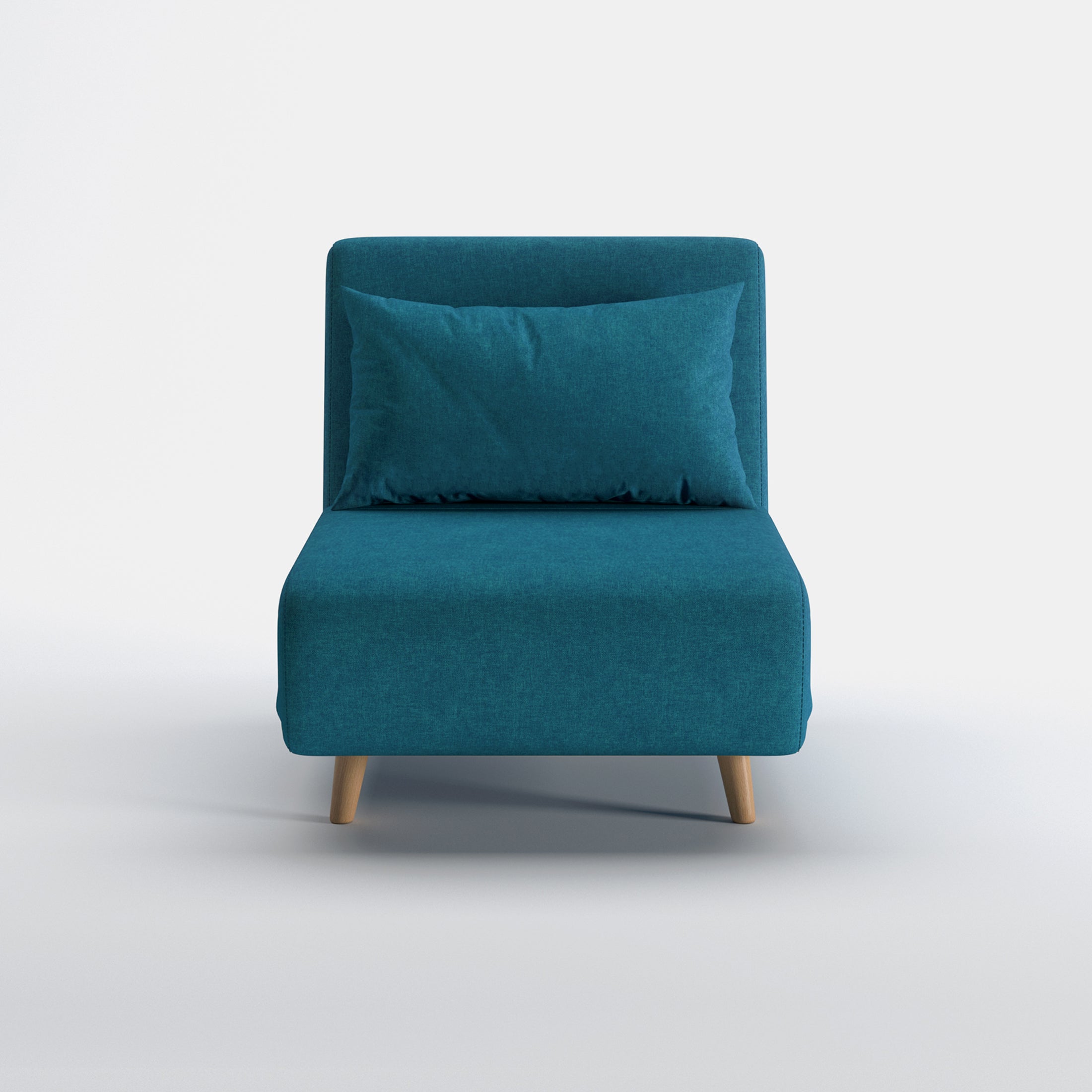 Tustin Convertible Chair in Peacock Blue shown from the front with a matching lumbar pillow, wide armless seat, upholstered backrest, and tapered natural wood legs.
