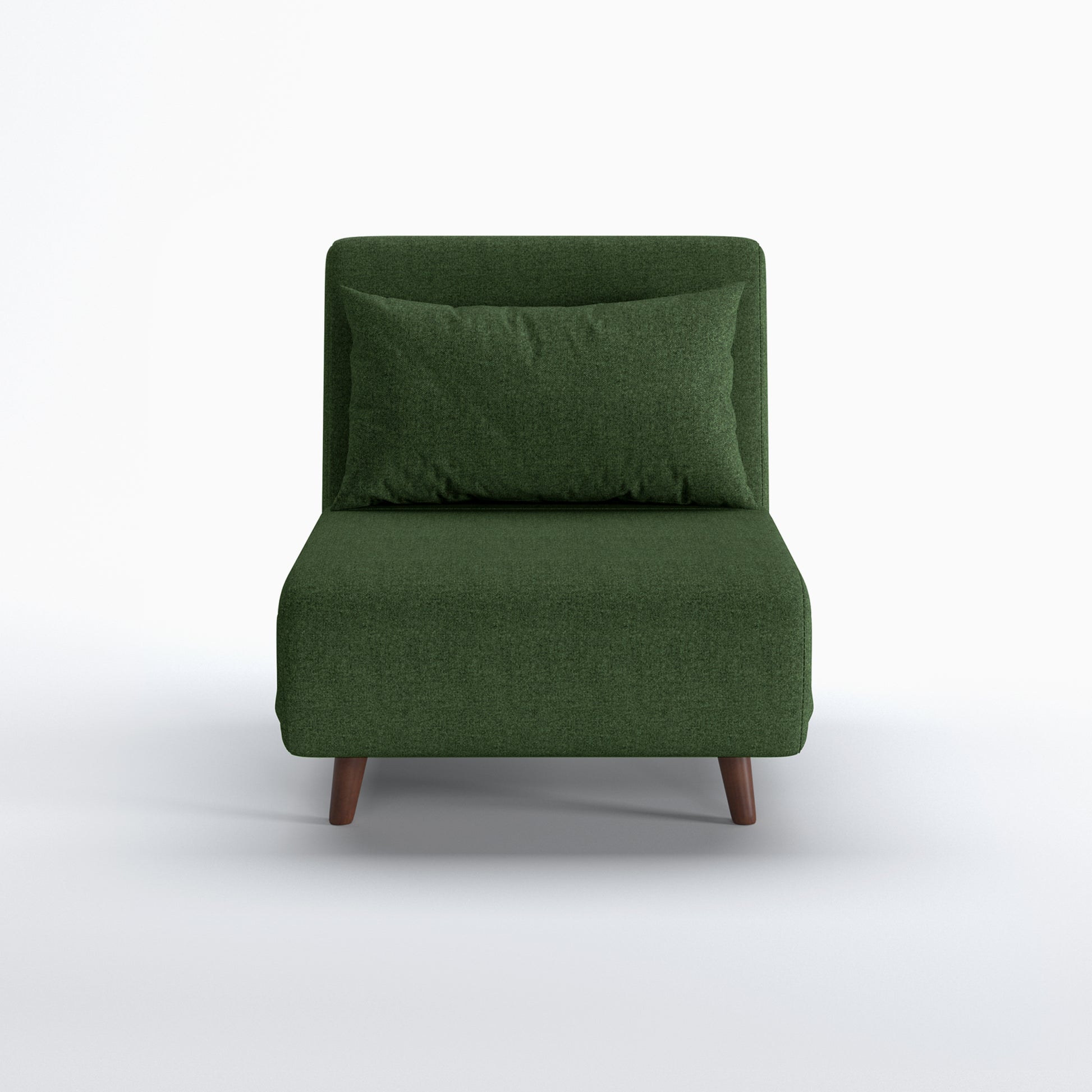 Tustin Convertible Chair in Green shown from the front with a matching lumbar pillow, wide armless seat, upholstered backrest, and tapered dark brown wood legs.