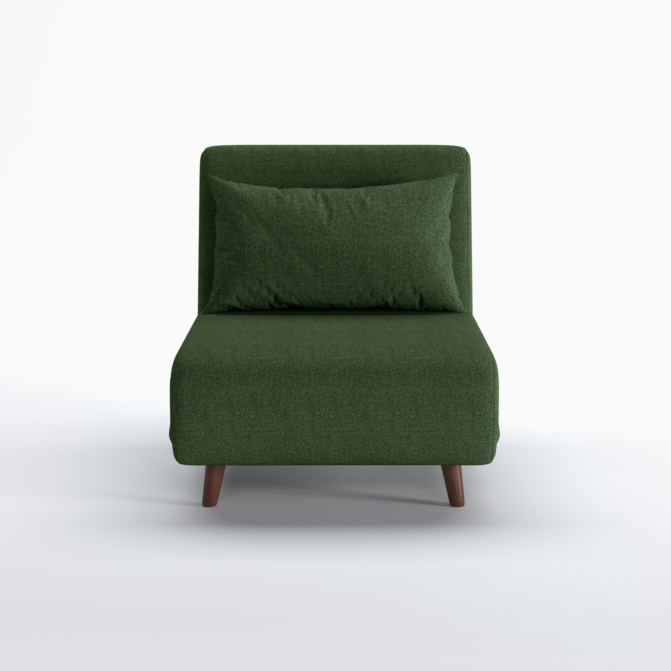 Tustin Convertible Chair in Green shown from the front with a matching lumbar pillow, wide armless seat, upholstered backrest, and tapered dark brown wood legs.