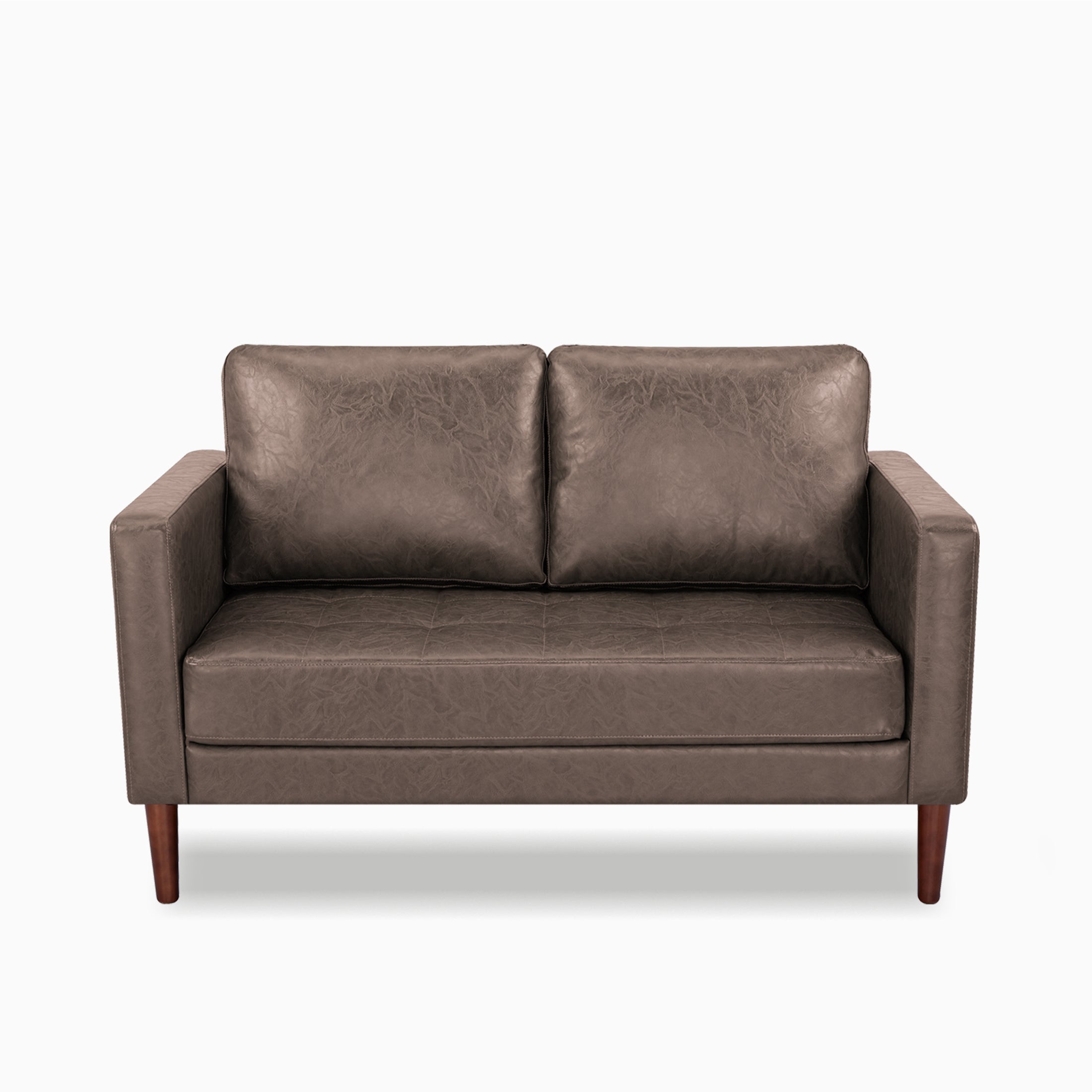 Orlando Loveseat in Faux Leather Brown shown from the front with two loose back cushions, a wide bench seat, track arms, and tapered dark brown legs.