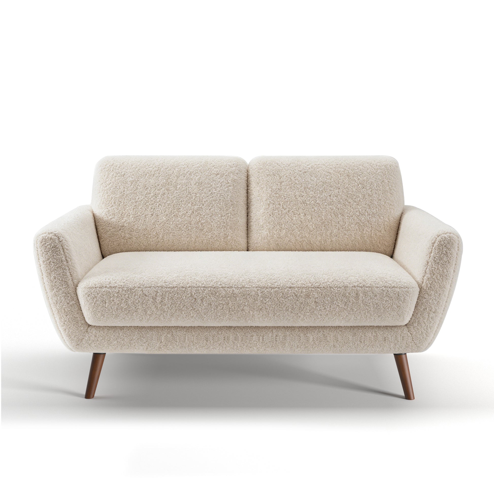 Oakland Loveseat in Boucle Ivory shown from the front with two rounded back cushions, angled upholstered arms, a wide seat cushion, and tapered brown legs