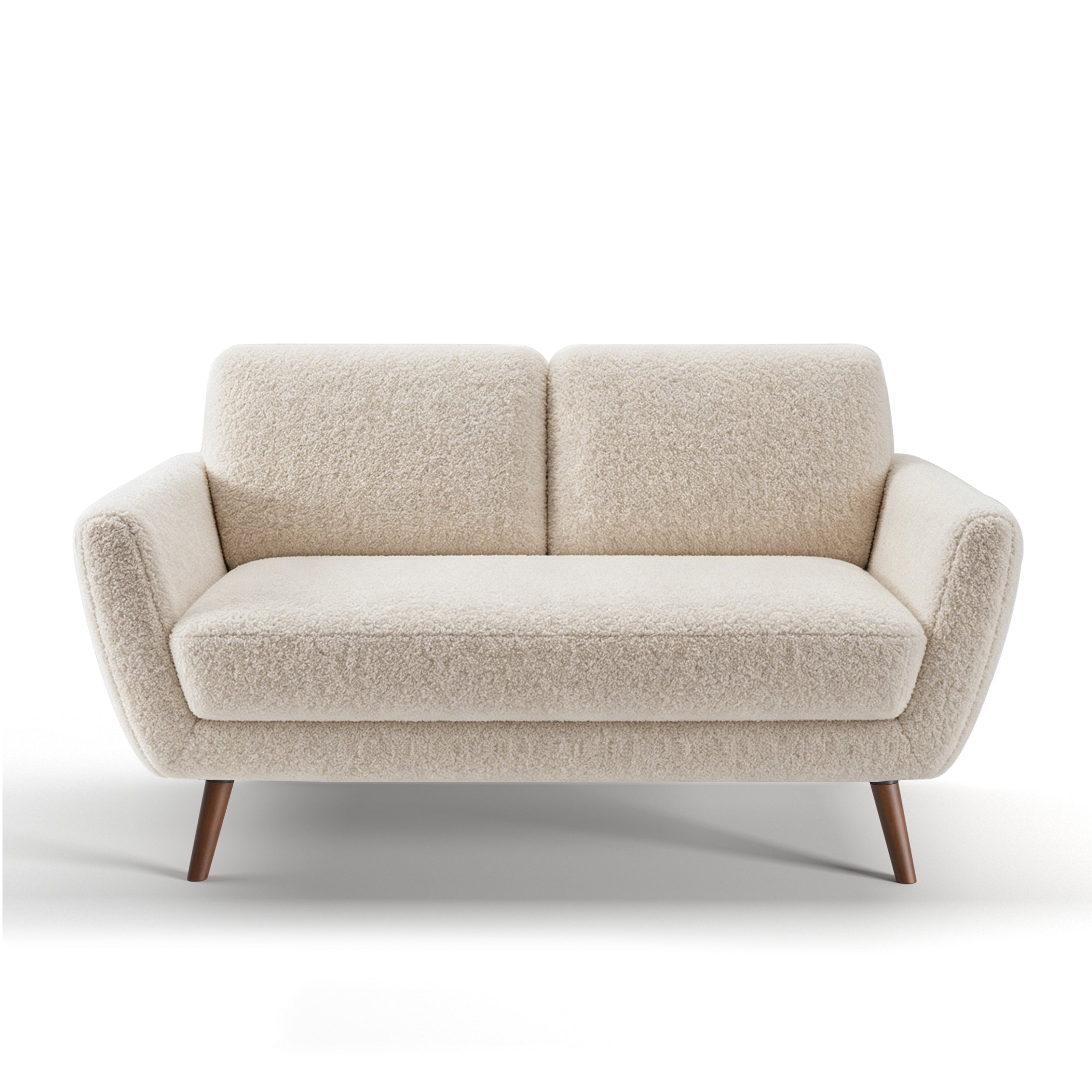 Oakland Loveseat in Boucle Ivory shown from the front with two rounded back cushions, angled upholstered arms, a wide seat cushion, and tapered brown legs