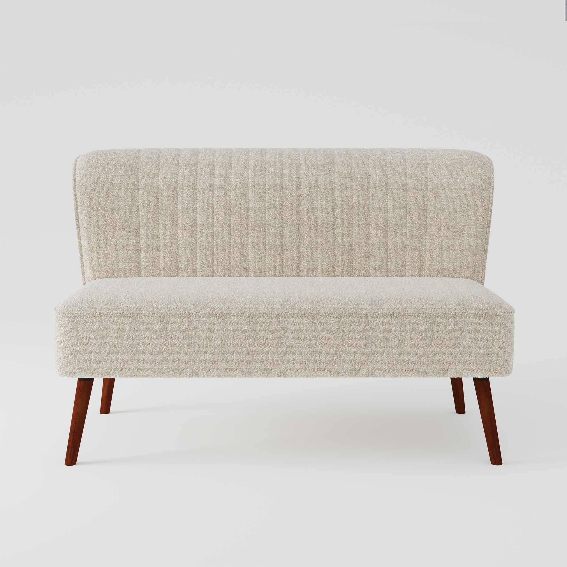 Hollywood Loveseat in Ivory shown from the front with textured upholstery, a vertically channel-tufted backrest, wide cushioned seat, and tapered brown legs