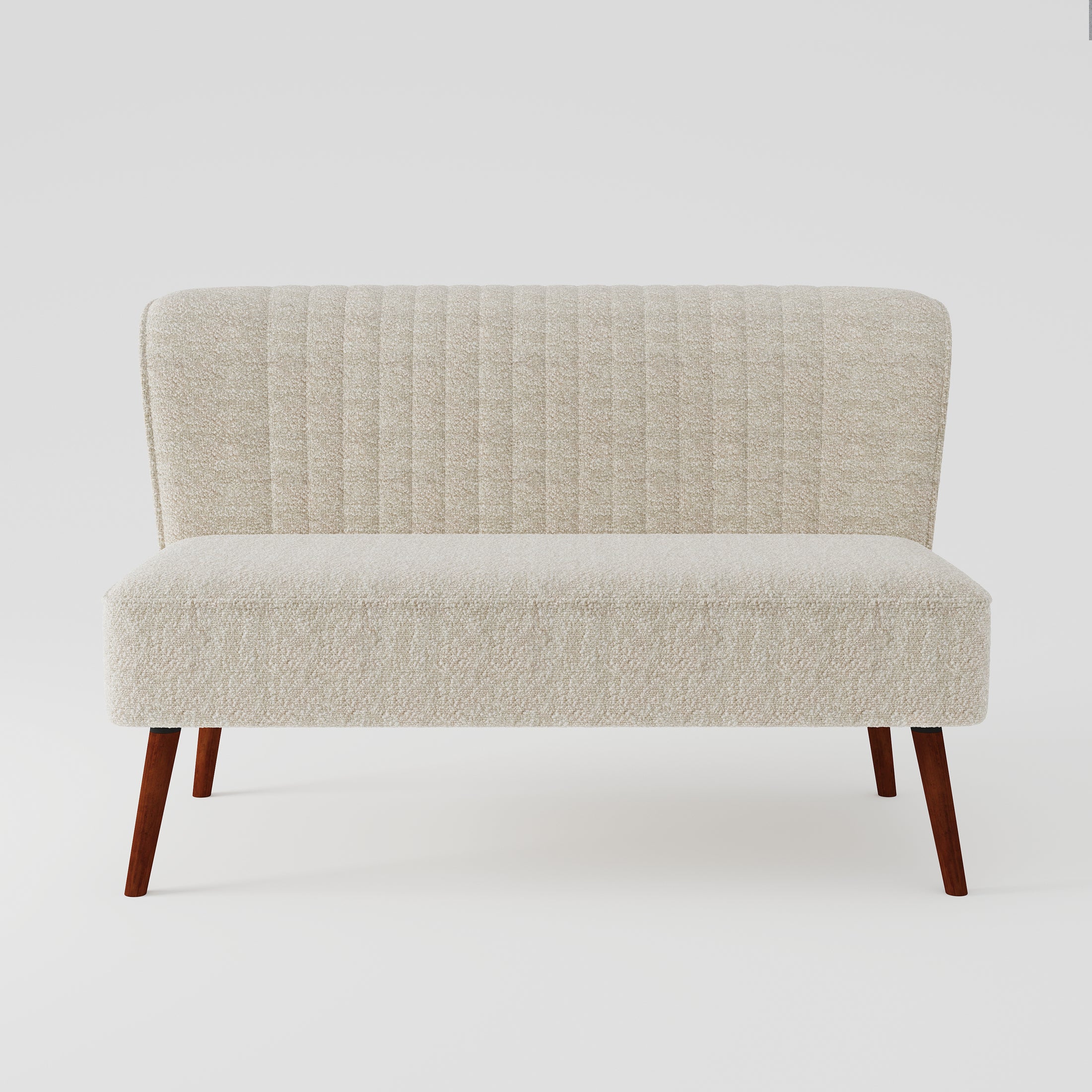 Hollywood Loveseat in Ivory shown from the front with textured upholstery, a vertically channel-tufted backrest, wide cushioned seat, and tapered brown legs