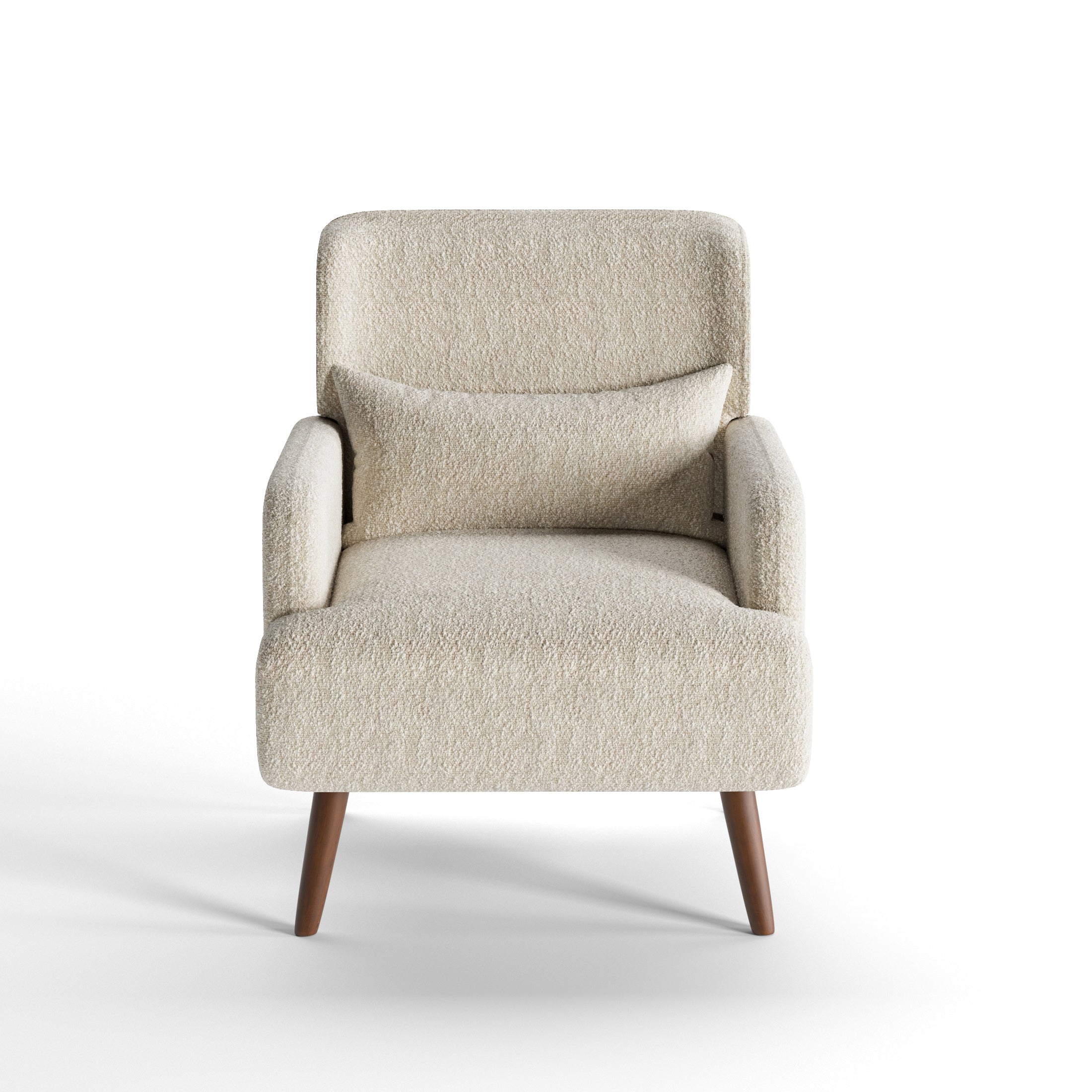 Arlo Accent Armchair in Ivory Tweed Color shown from the front, featuring rounded upholstered arms, a matching lumbar pillow, and solid wood legs for modern living room seating.