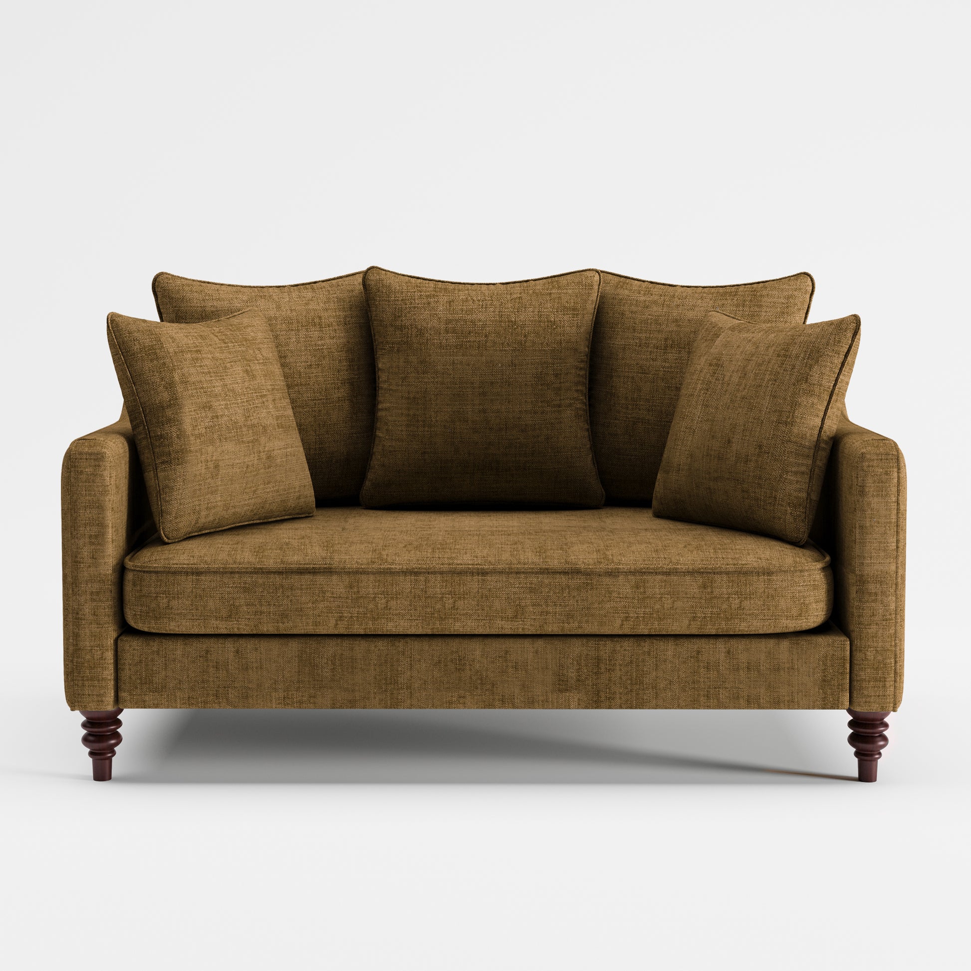 Madison Loveseat in Caramel Brown shown from the front with three plush back cushions, two throw pillows, a wide bench seat, slim track arms, and turned dark brown legs.