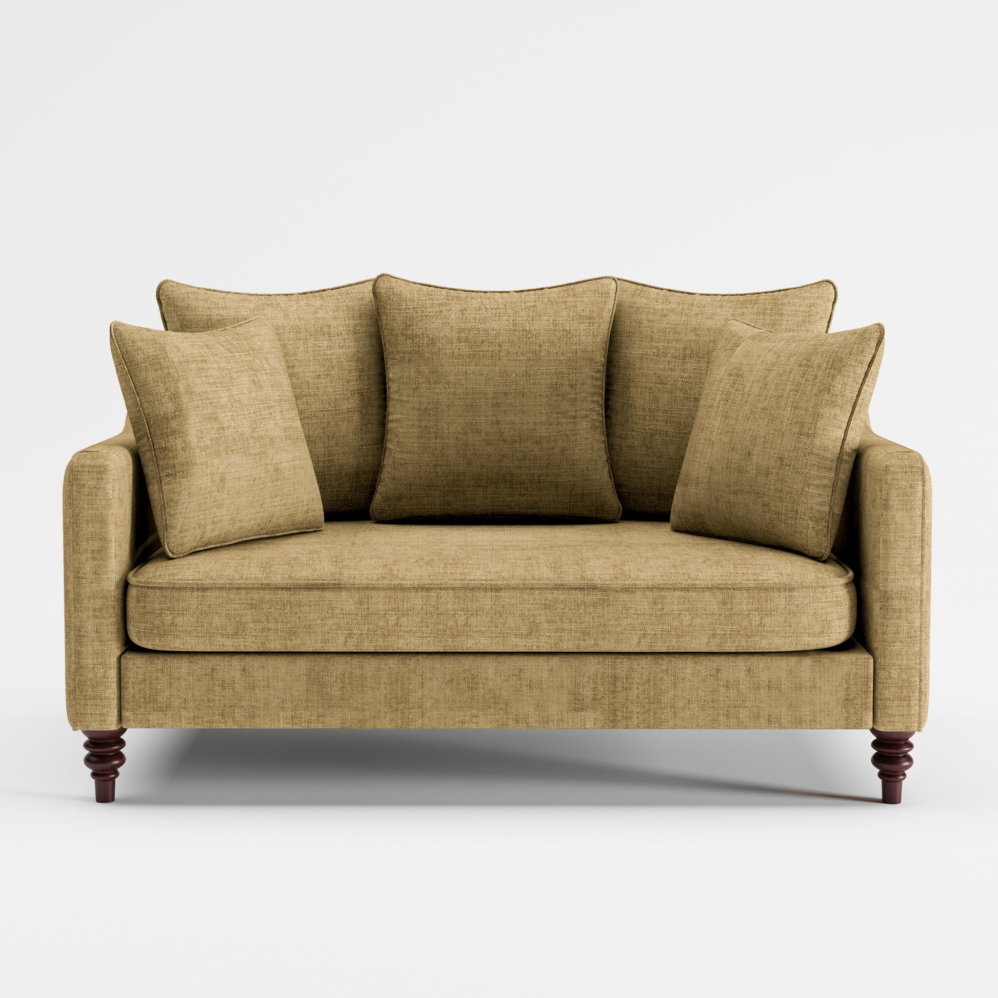 Madison Loveseat in Sand Beige shown from the front with three plush back cushions, two throw pillows, a wide bench seat, slim track arms, and turned dark brown legs.