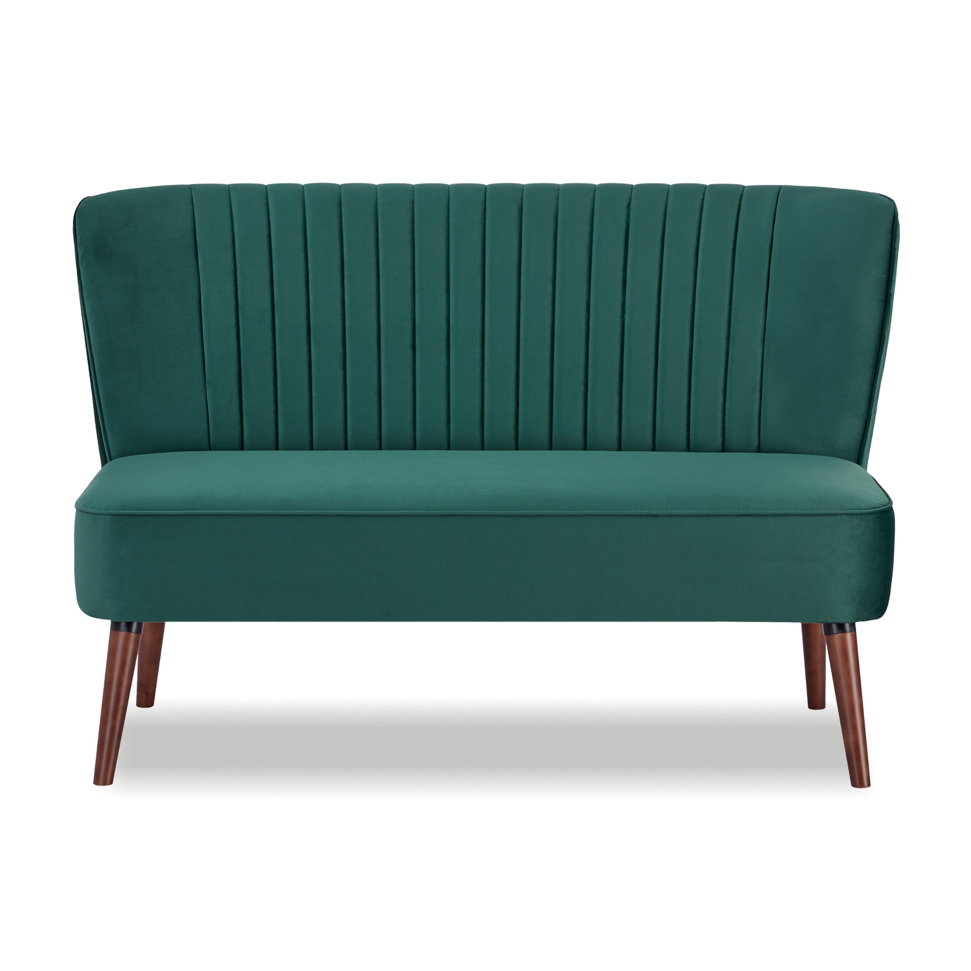 Hollywood Loveseat in Velvet Green shown from the front with a channel-tufted backrest, long cushioned seat, armless silhouette, and tapered brown legs