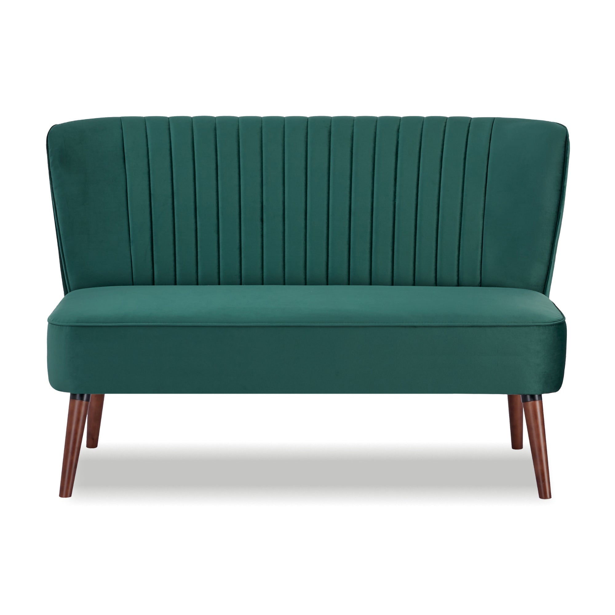 Hollywood Loveseat in Velvet Green shown from the front with a channel-tufted backrest, long cushioned seat, armless silhouette, and tapered brown legs