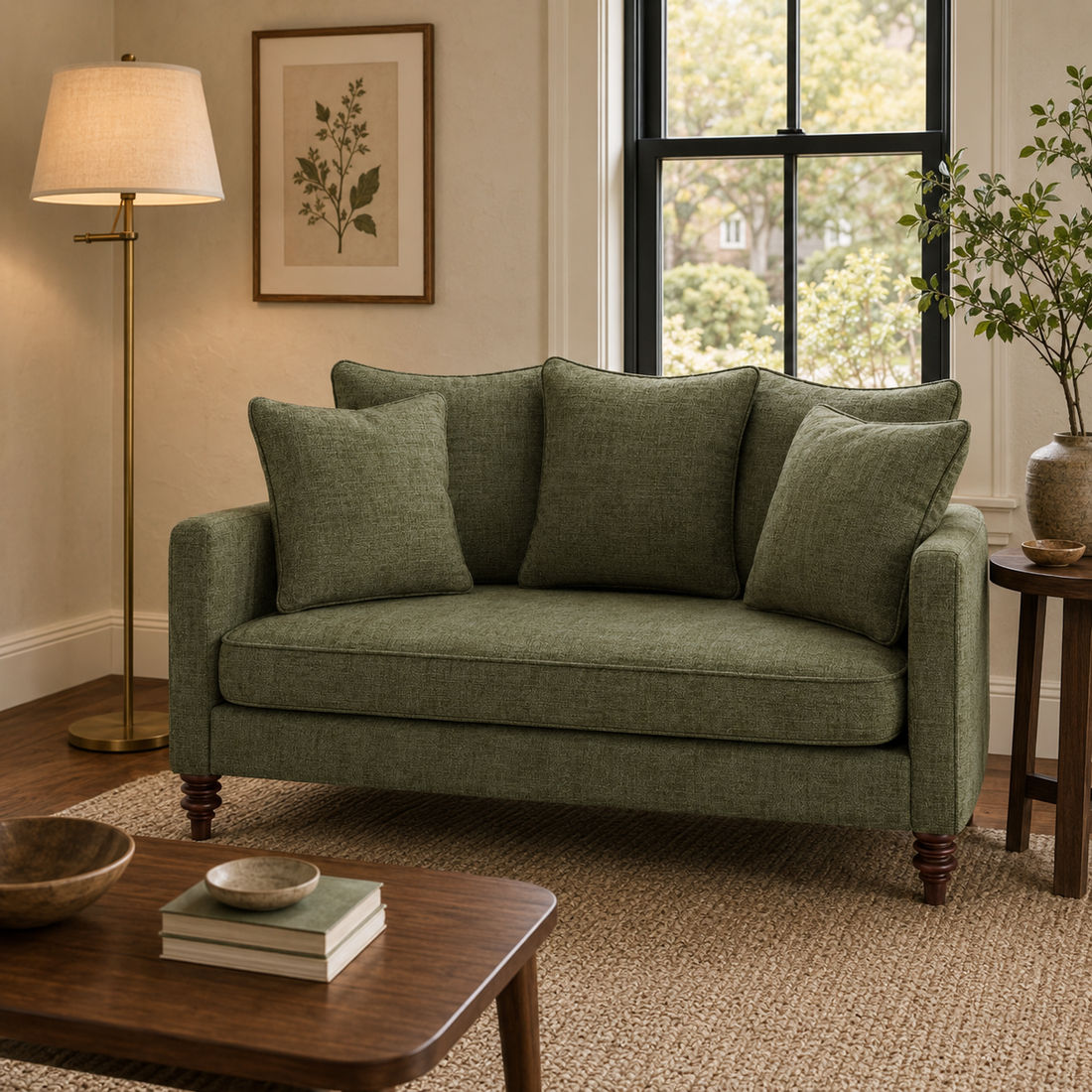 Olive green loveseat with loose cushions and turned wood legs in a warm transitional American living room.