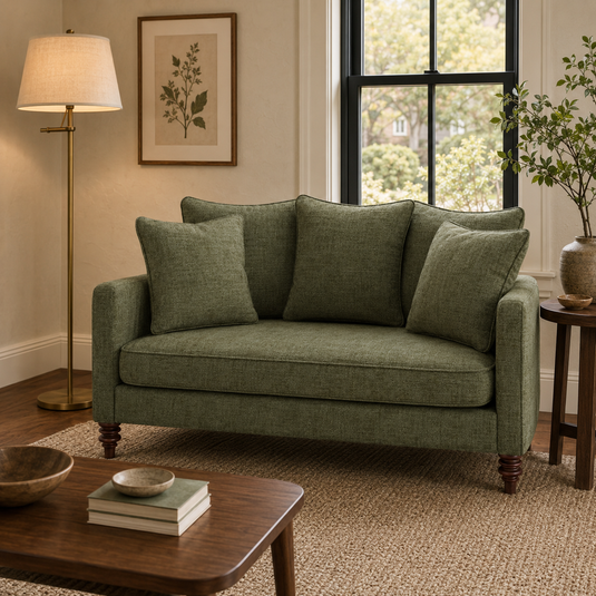Olive green loveseat with loose cushions and turned wood legs in a warm transitional American living room.